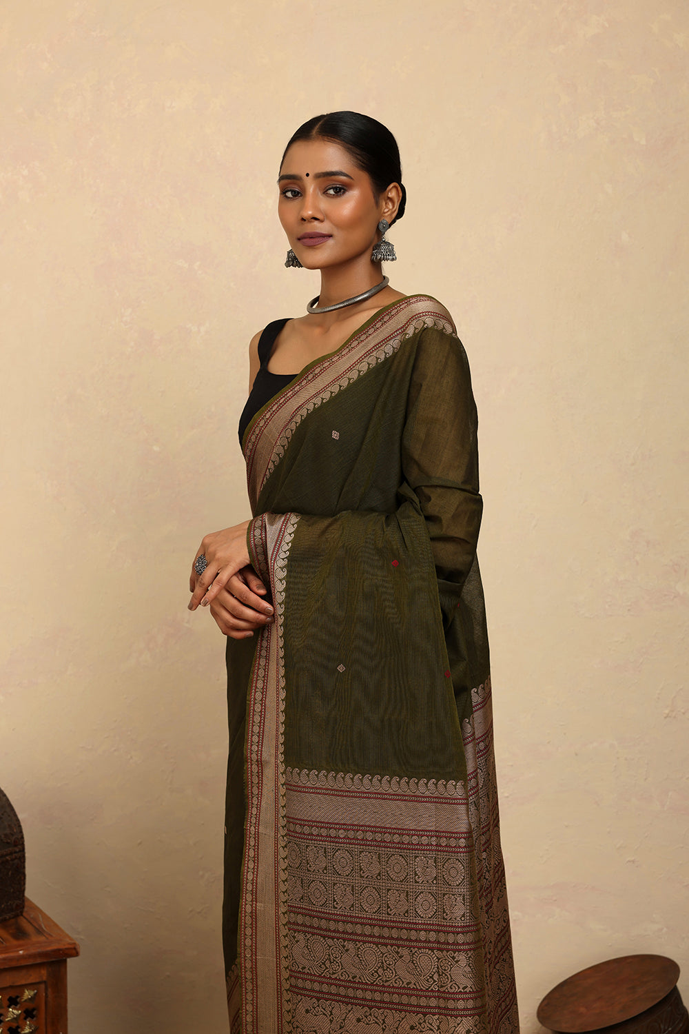 Handloom Olive Green Kanchi Cotton Saree