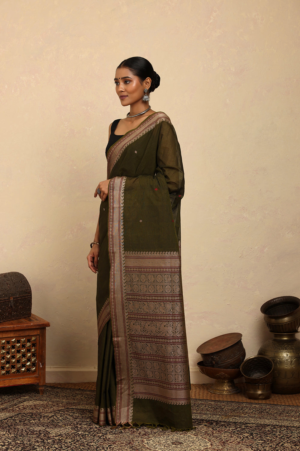 Handloom Olive Green Kanchi Cotton Saree