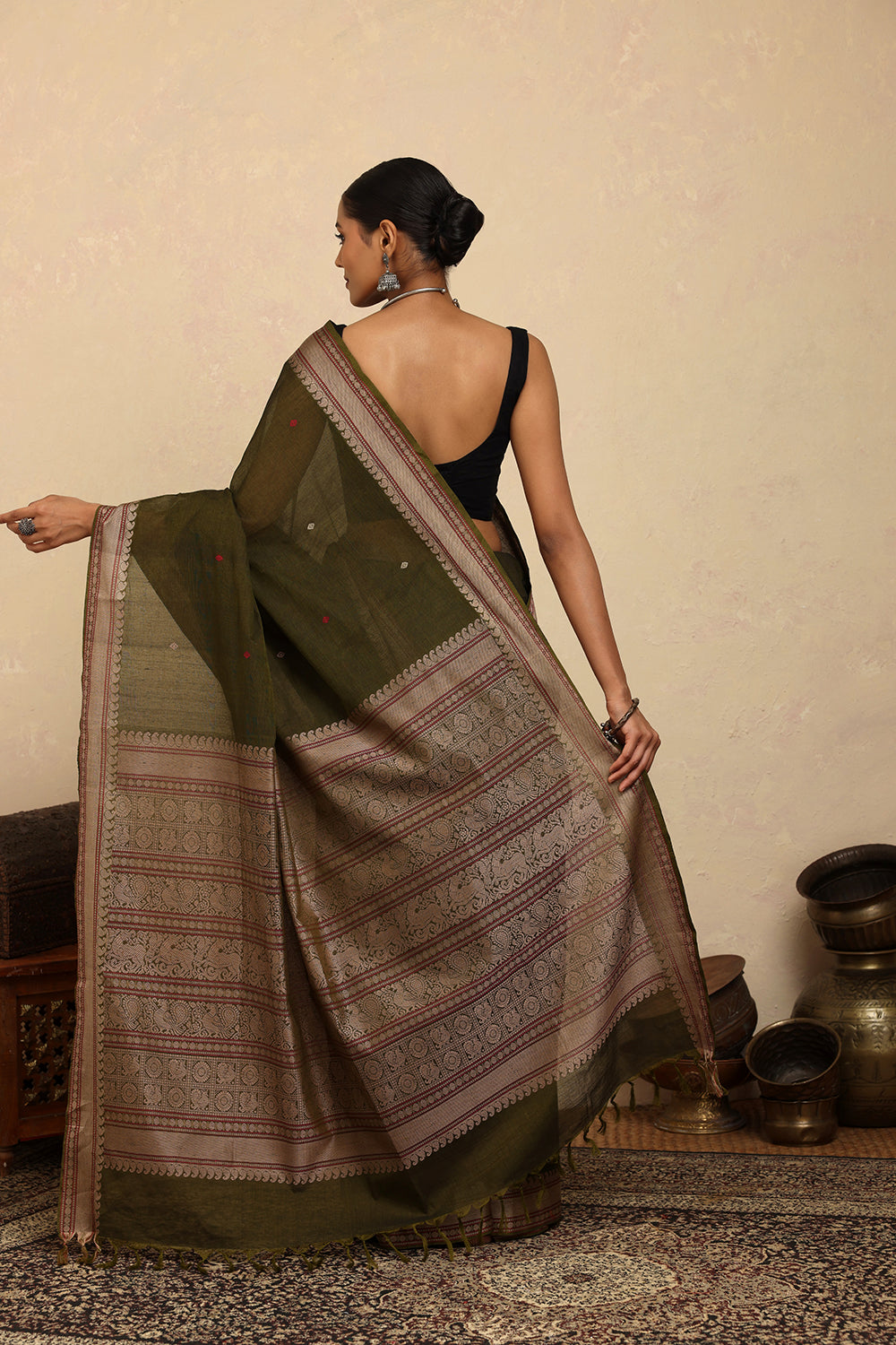 Handloom Olive Green Kanchi Cotton Saree