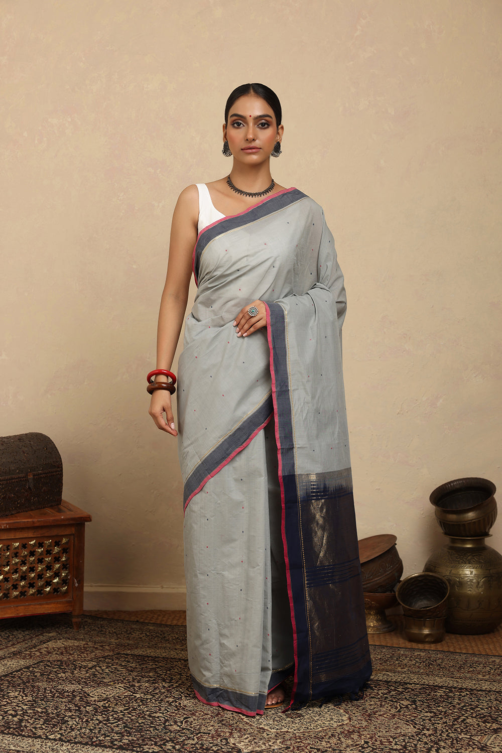 Handloom Soft Grey Kanchi Cotton Saree