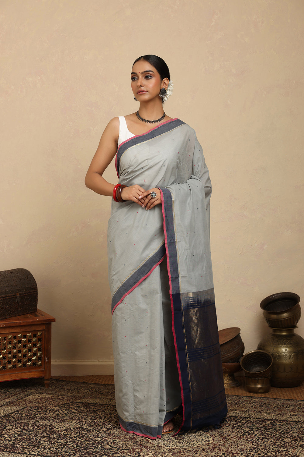 Handloom Soft Grey Kanchi Cotton Saree