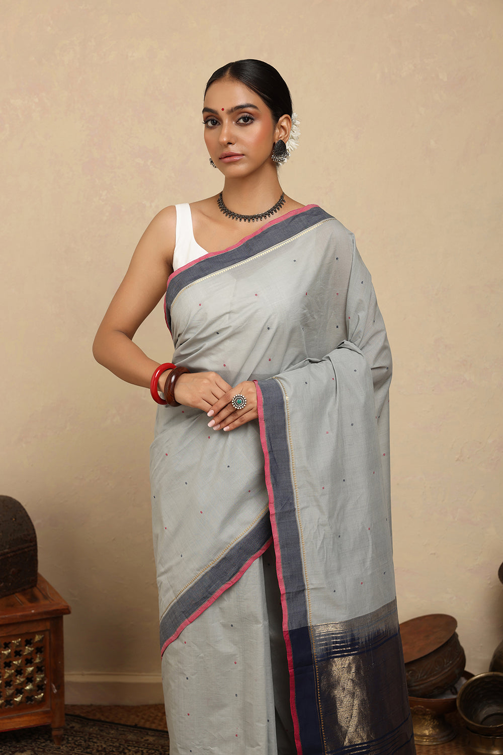 Handloom Soft Grey Kanchi Cotton Saree