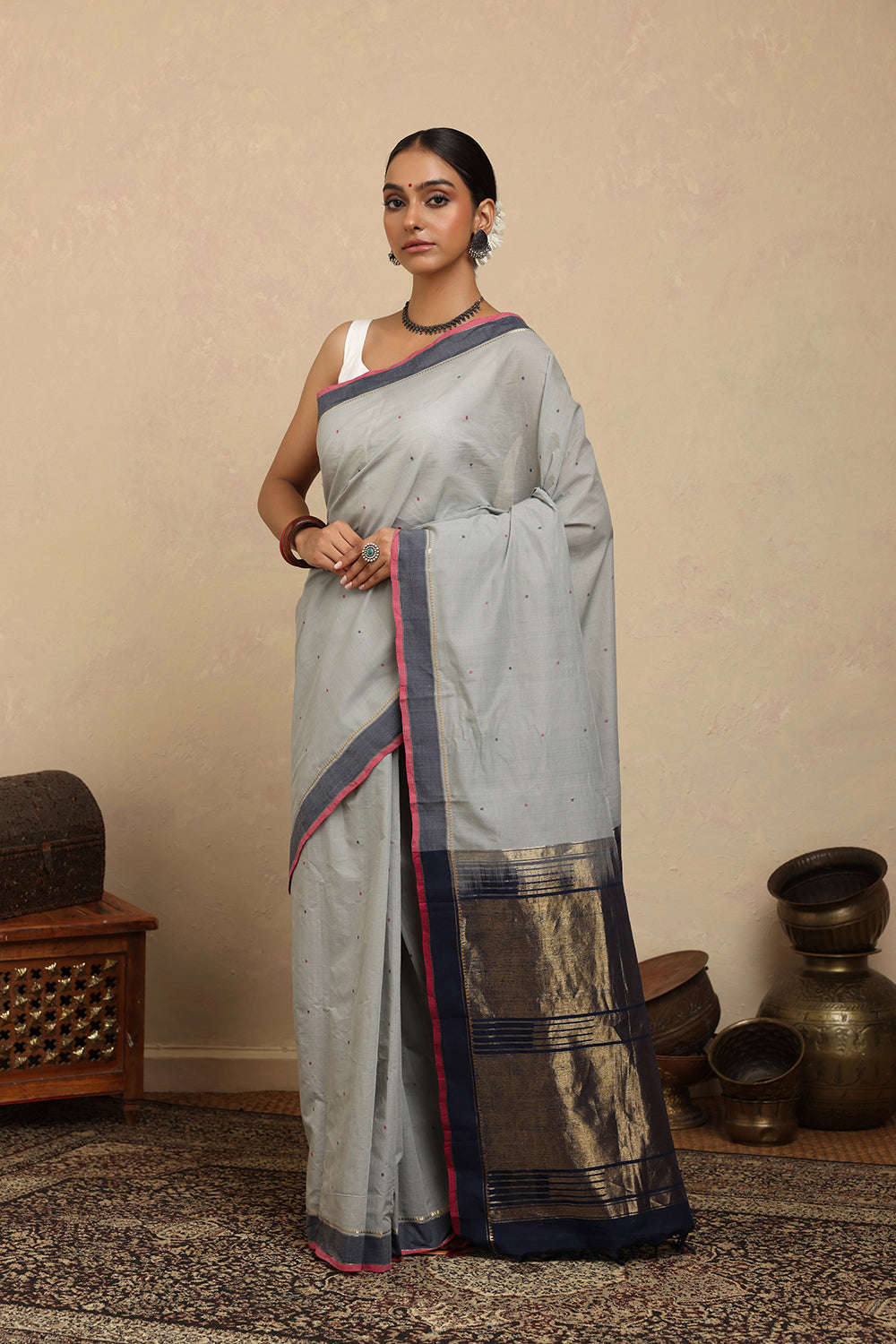 Handloom Soft Grey Kanchi Cotton Saree