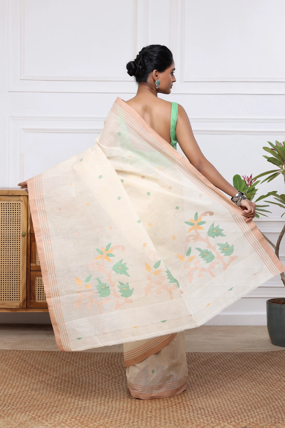 Handloom Beige Pure Cotton Jamdani with Multi Colour Floral Motifs