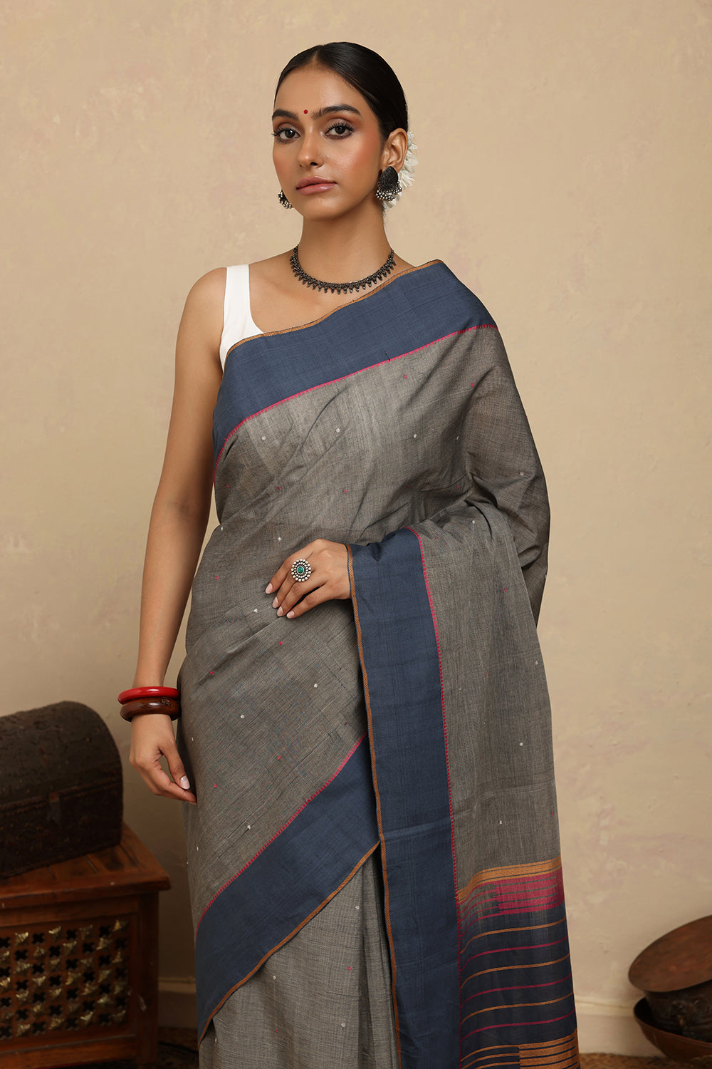Handloom Dark Grey Kanchi Cotton Saree