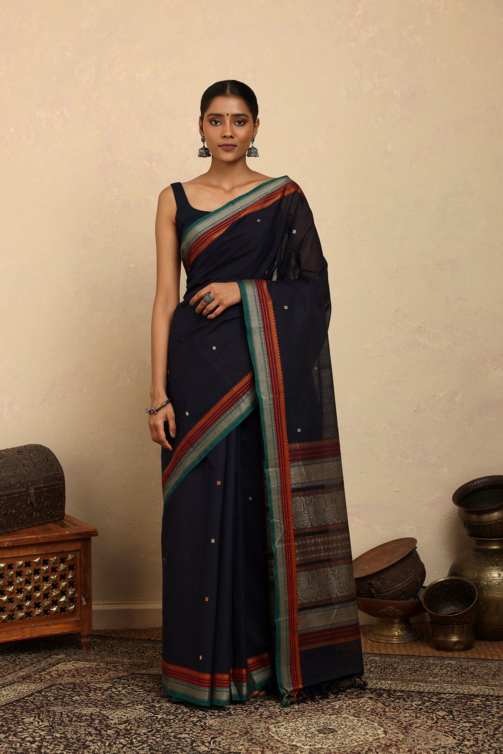 Handloom Navy Blue Kanchi Cotton Saree