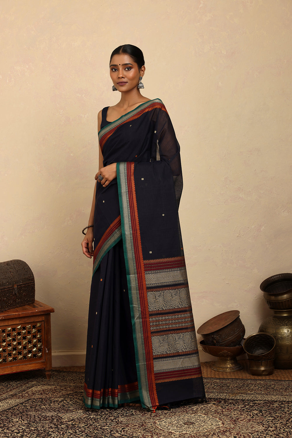 Handloom Navy Blue Kanchi Cotton Saree