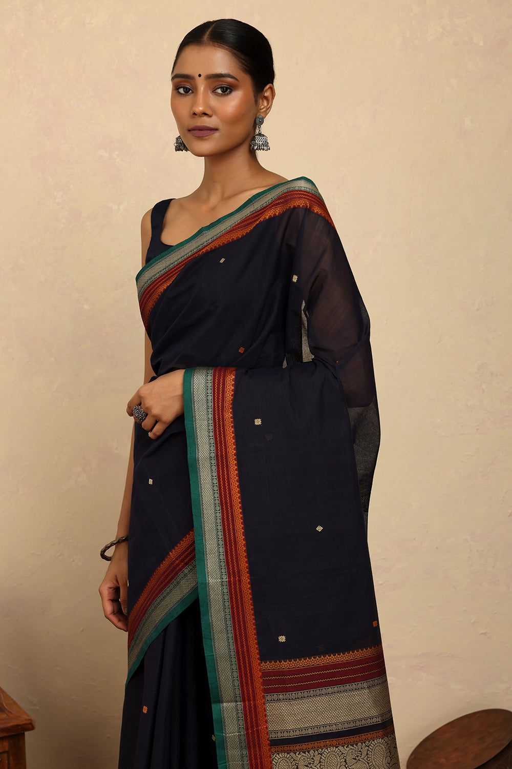 Handloom Navy Blue Kanchi Cotton Saree