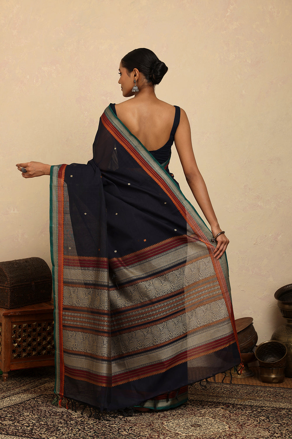 Handloom Navy Blue Kanchi Cotton Saree