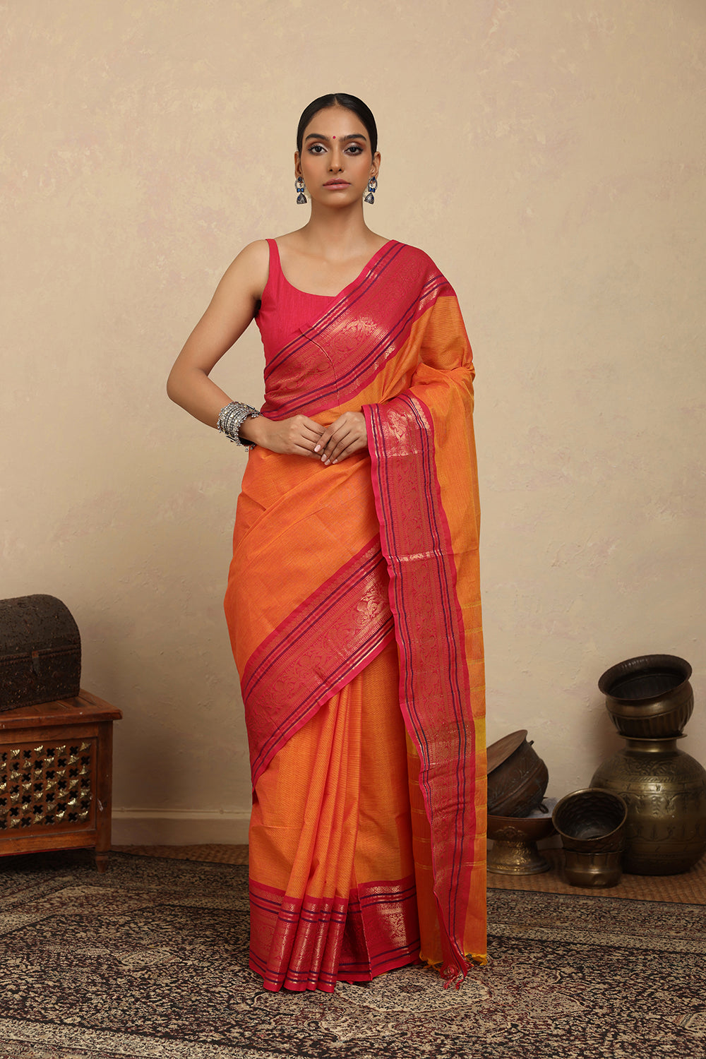 Handloom Orange & Pink Zari Kanchi Cotton Saree