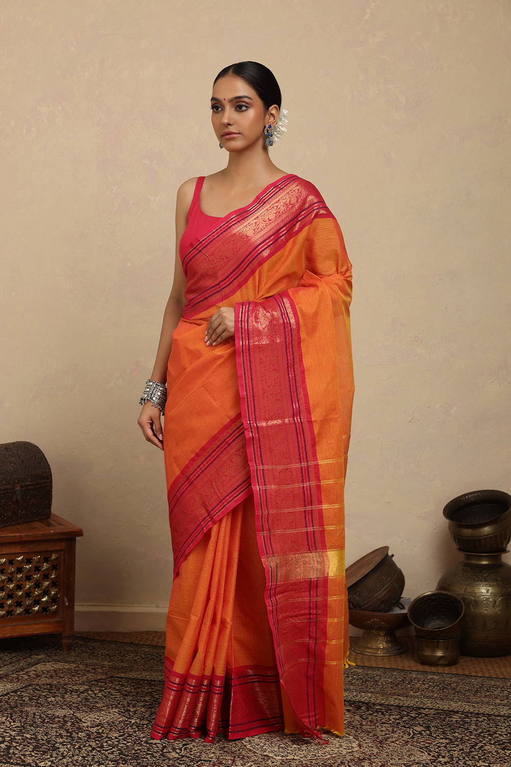 Handloom Orange & Pink Zari Kanchi Cotton Saree