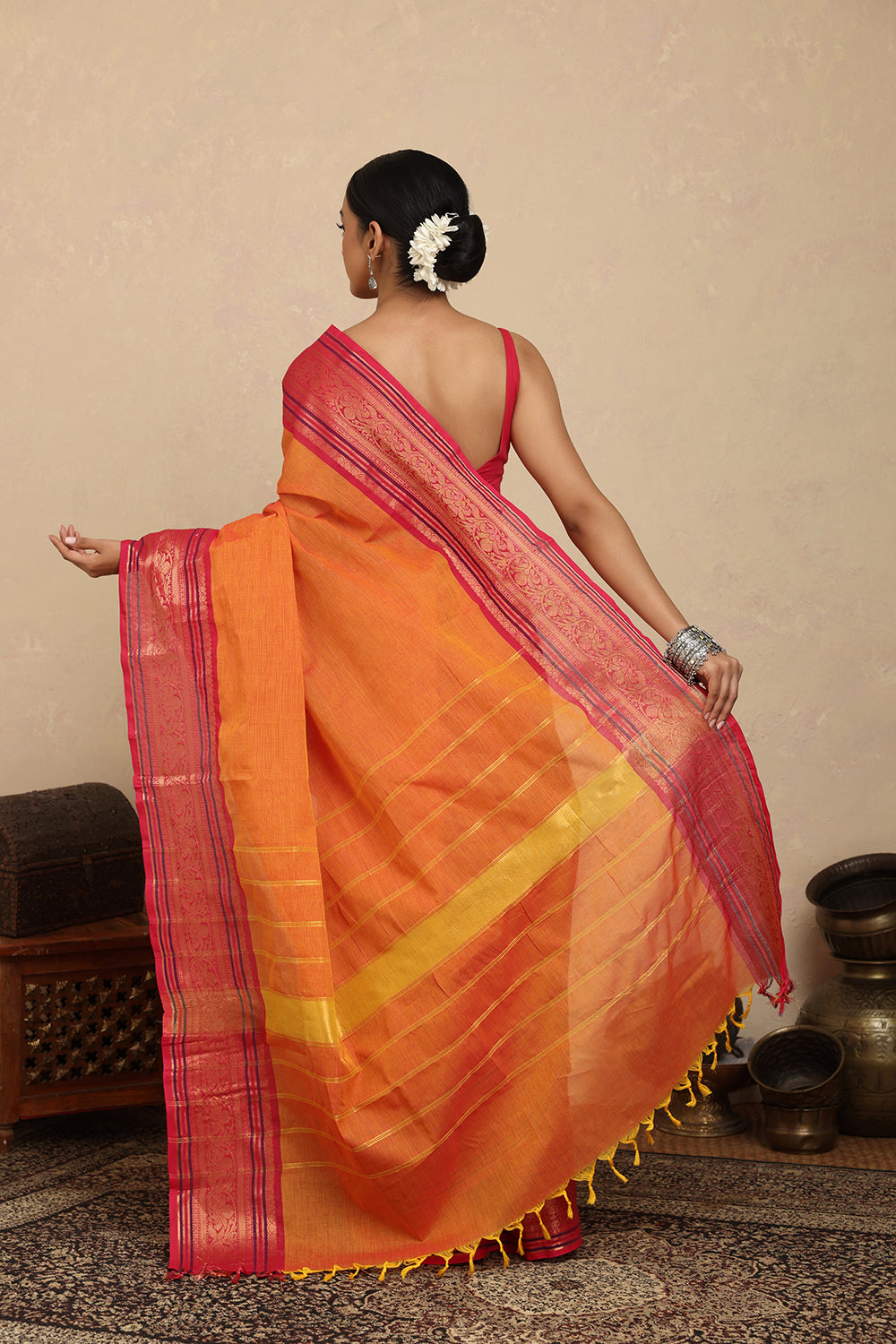 Handloom Orange & Pink Zari Kanchi Cotton Saree