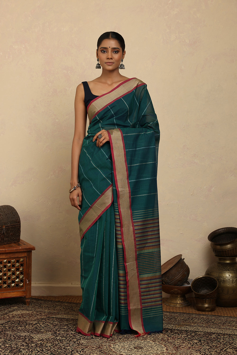 Handloom Sea Green Stripes Kanchi Cotton Saree