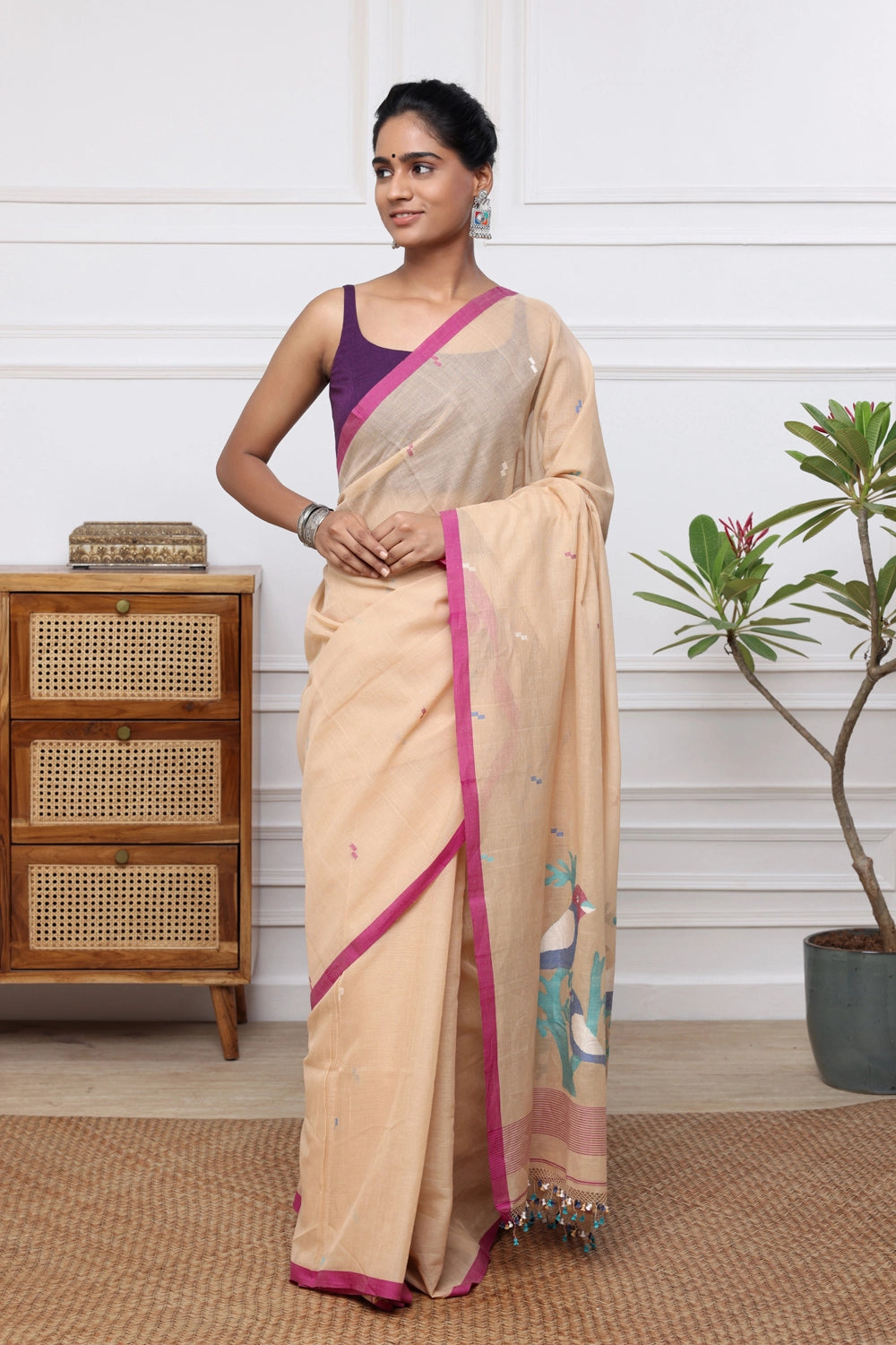 Handloom Tan Brown Soft Cotton Jamdani with Multi Colour Bird Motifs