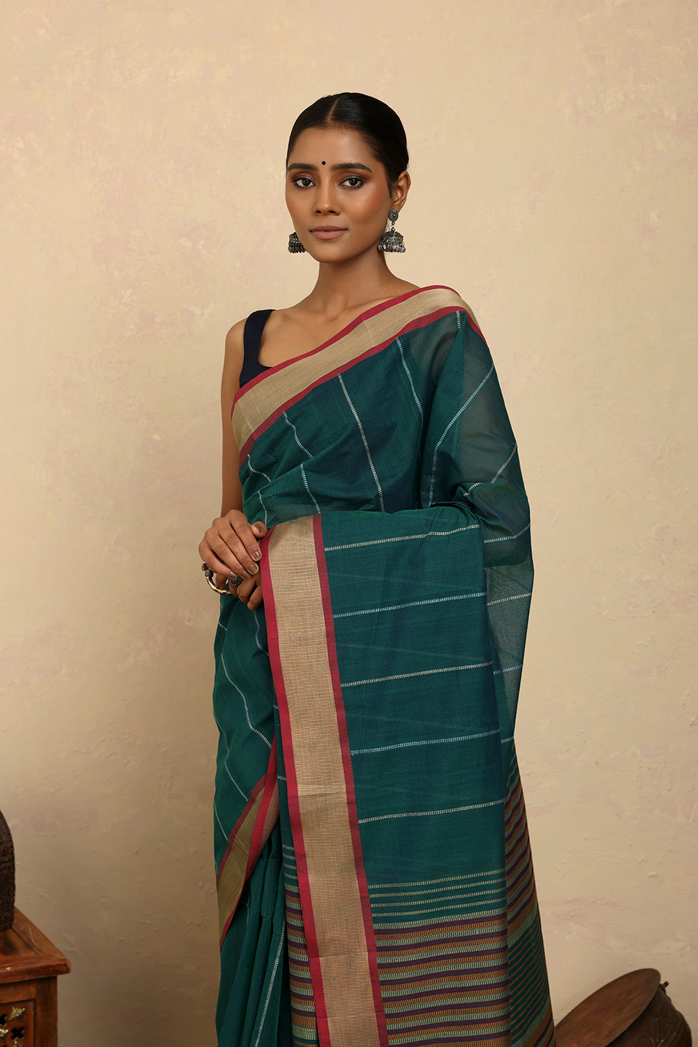 Handloom Sea Green Stripes Kanchi Cotton Saree