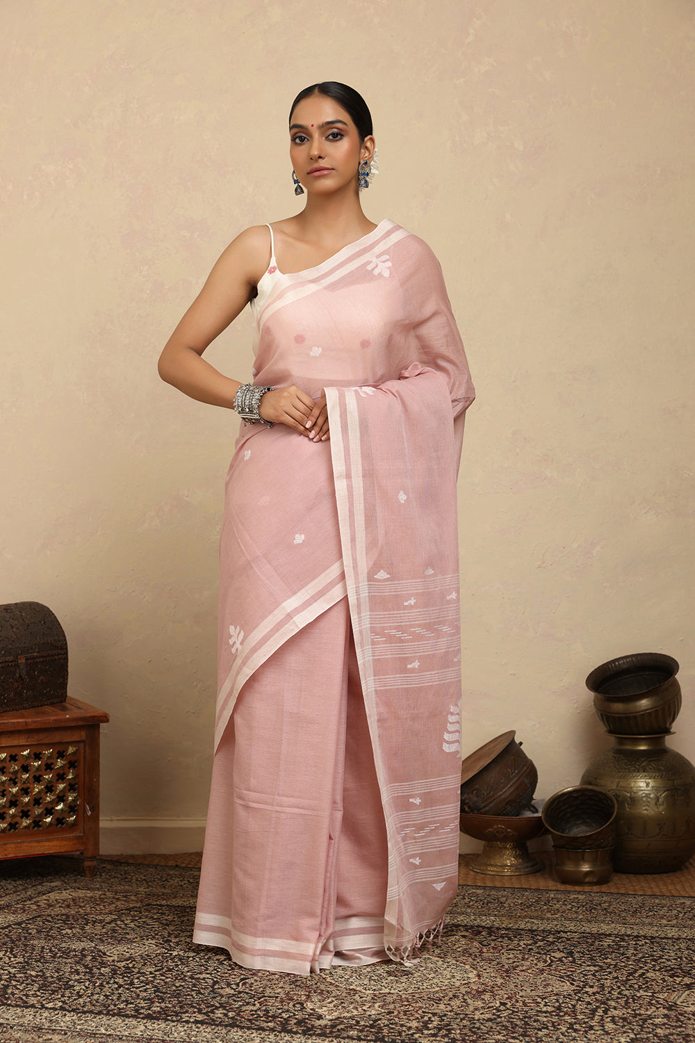 Handloom Crepe Pink Pure Cotton Jamdani Saree