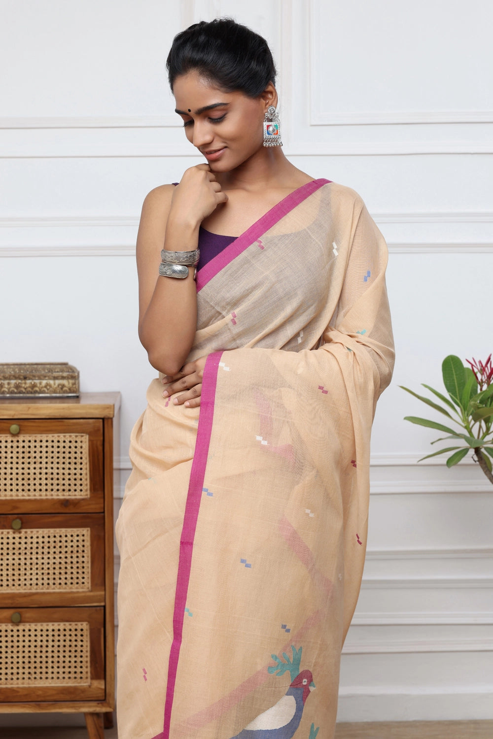 Handloom Tan Brown Soft Cotton Jamdani with Multi Colour Bird Motifs