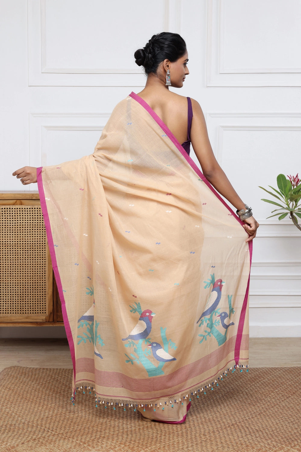 Handloom Tan Brown Soft Cotton Jamdani with Multi Colour Bird Motifs