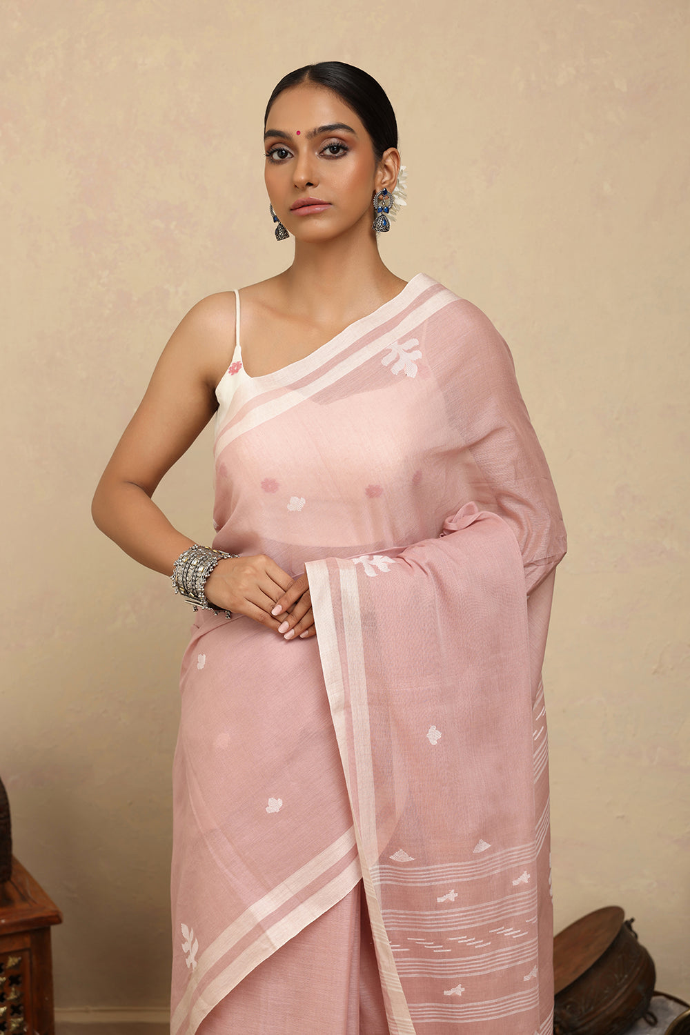 Handloom Crepe Pink Pure Cotton Jamdani Saree