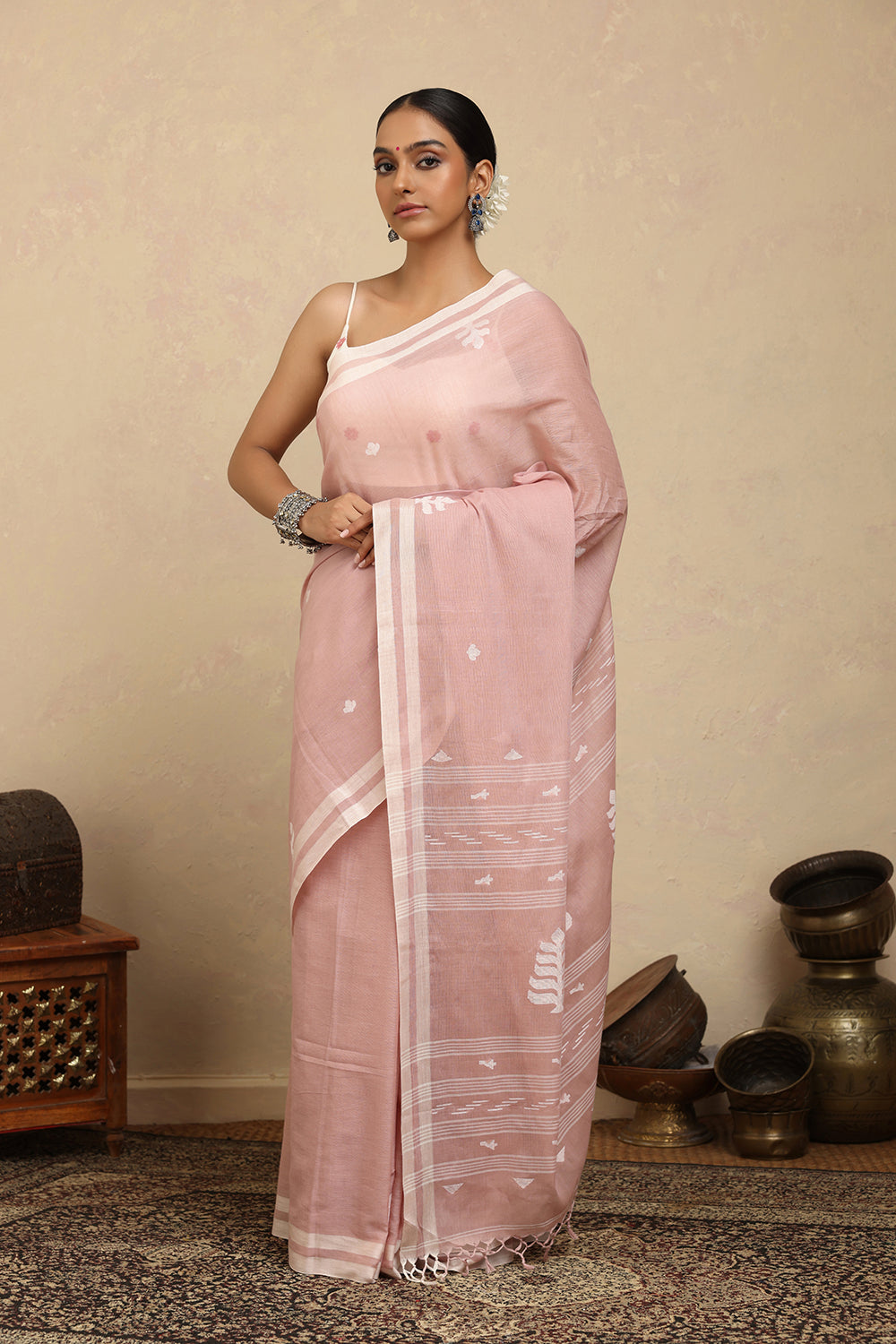 Handloom Crepe Pink Pure Cotton Jamdani Saree