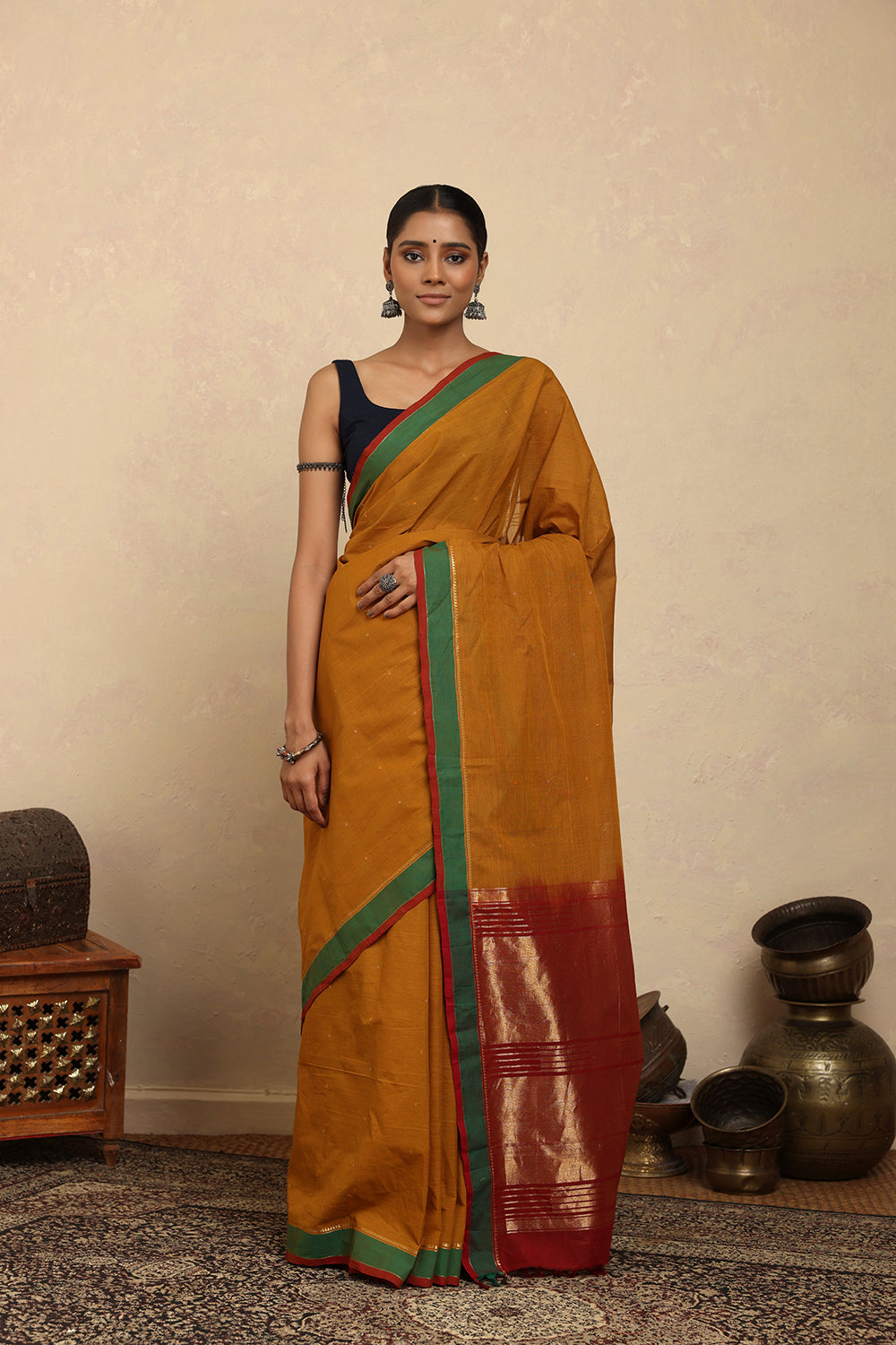 Handloom Mustard Zari Kanchi Cotton Saree