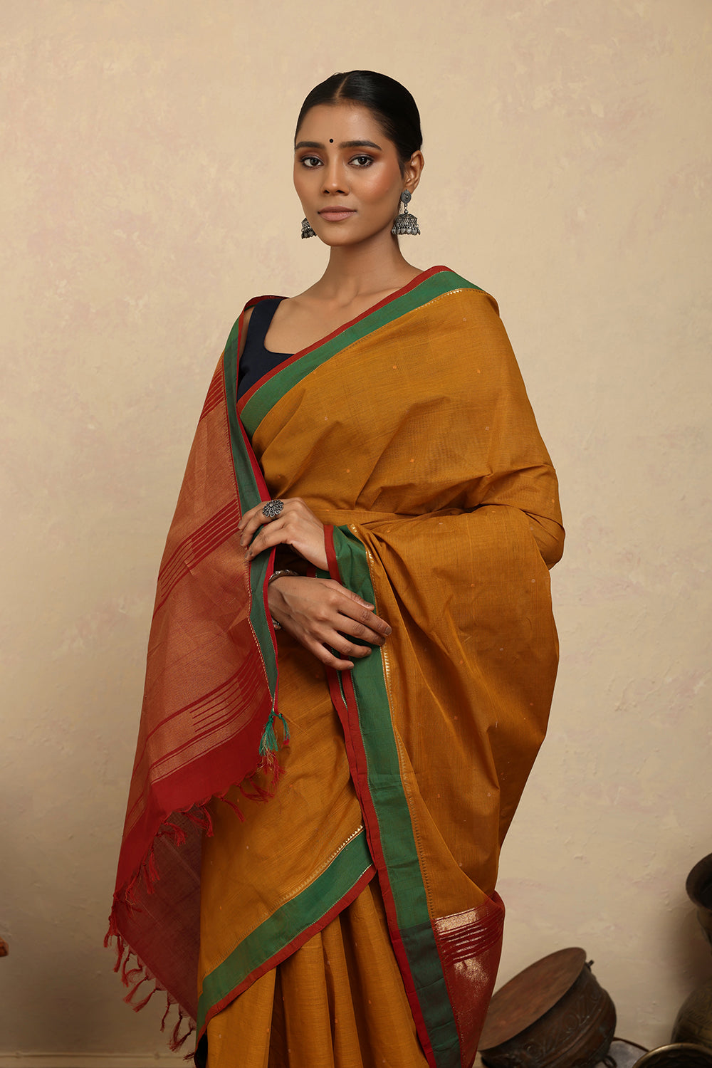 Handloom Mustard Zari Kanchi Cotton Saree