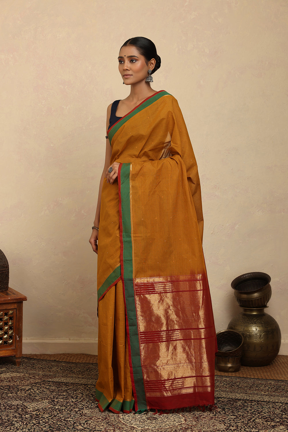 Handloom Mustard Zari Kanchi Cotton Saree