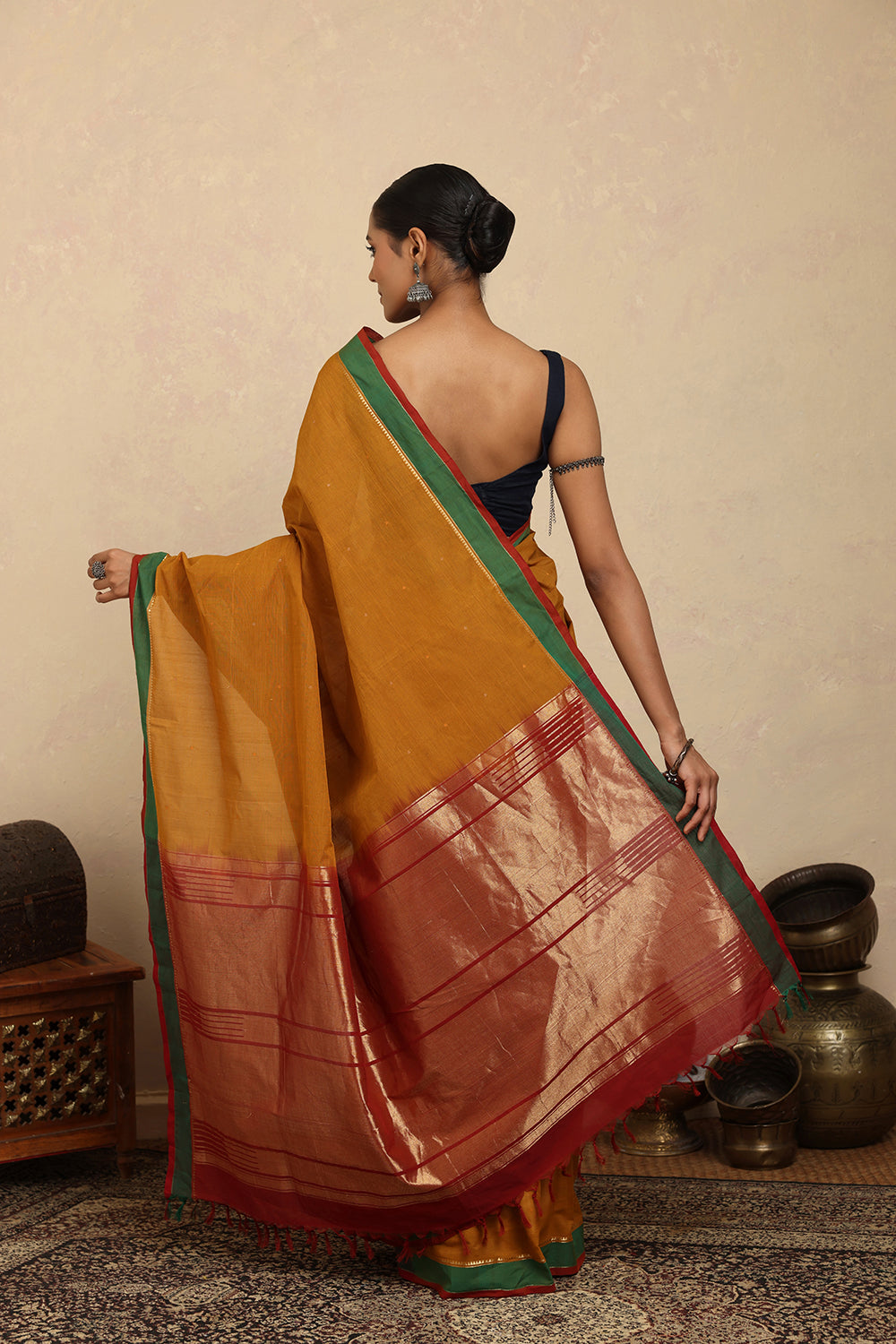 Handloom Mustard Zari Kanchi Cotton Saree
