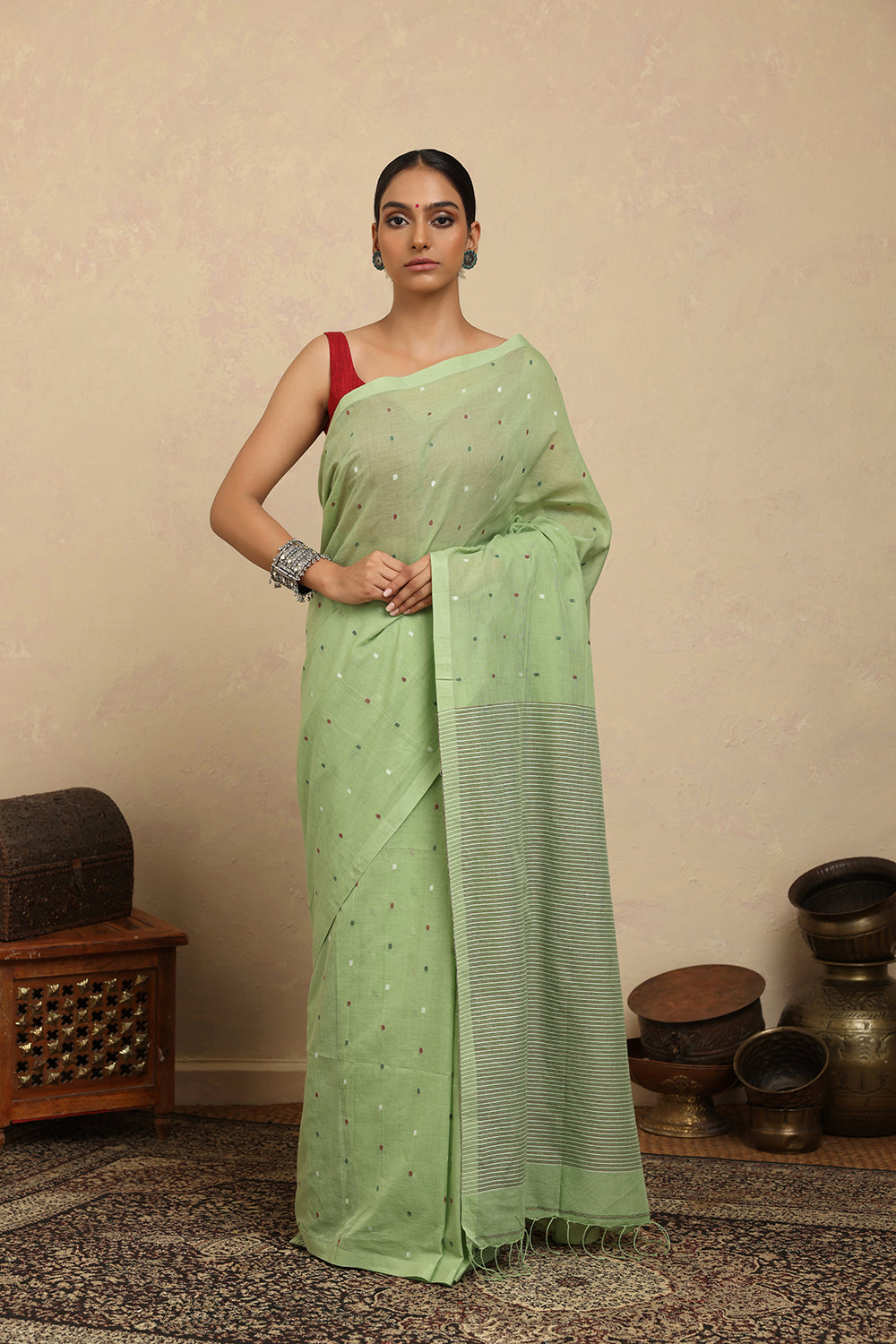 Handloom Green Polka Pure Cotton Jamdani Saree