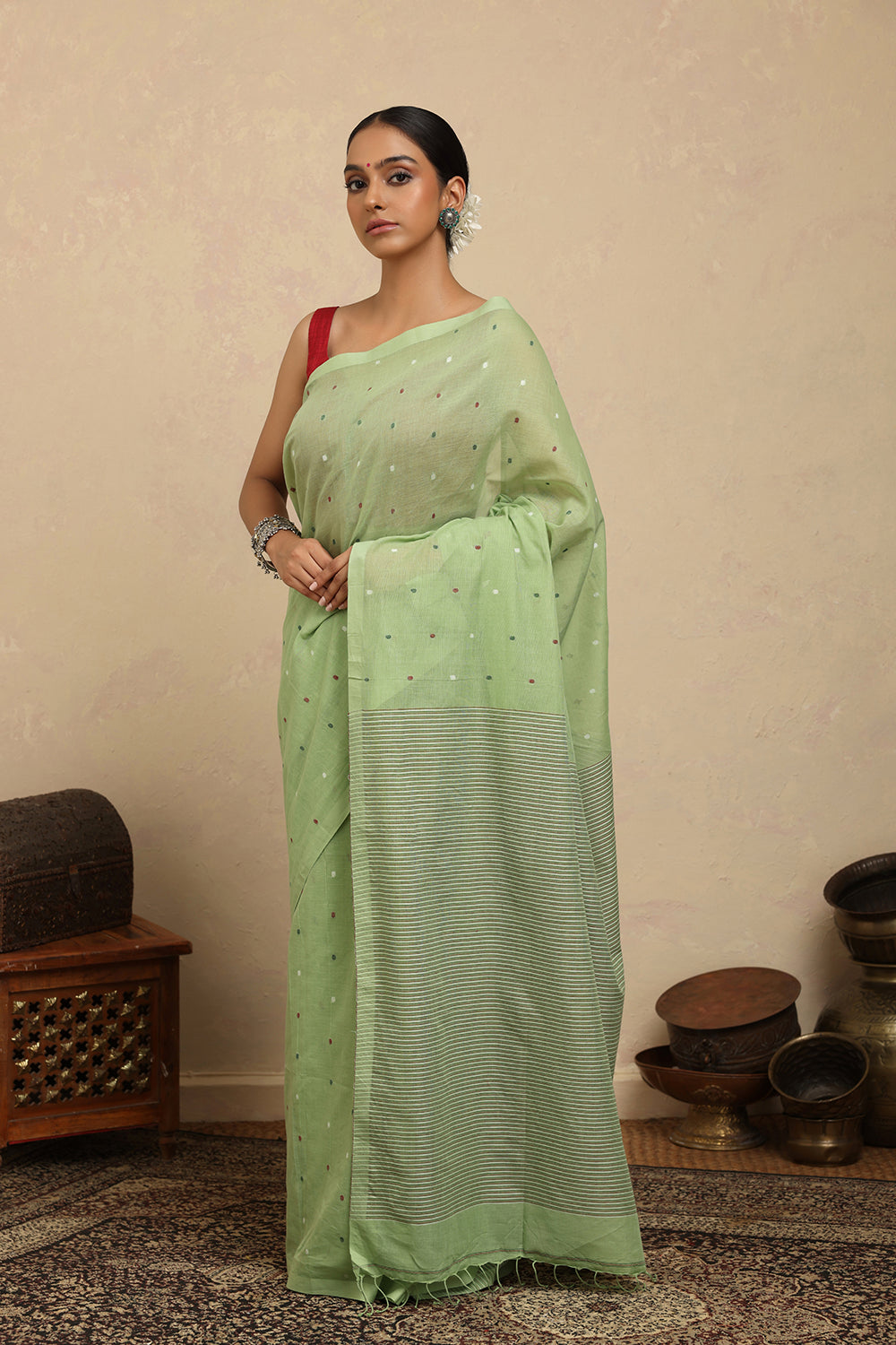 Handloom Green Polka Pure Cotton Jamdani Saree