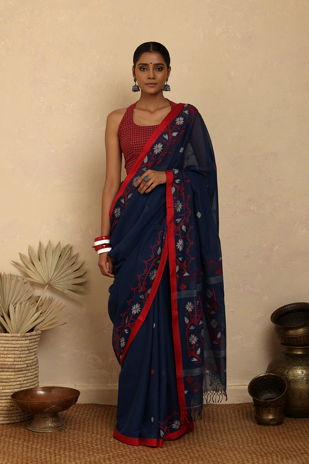 Handloom Navy Blue Pure Cotton Jamdani Saree