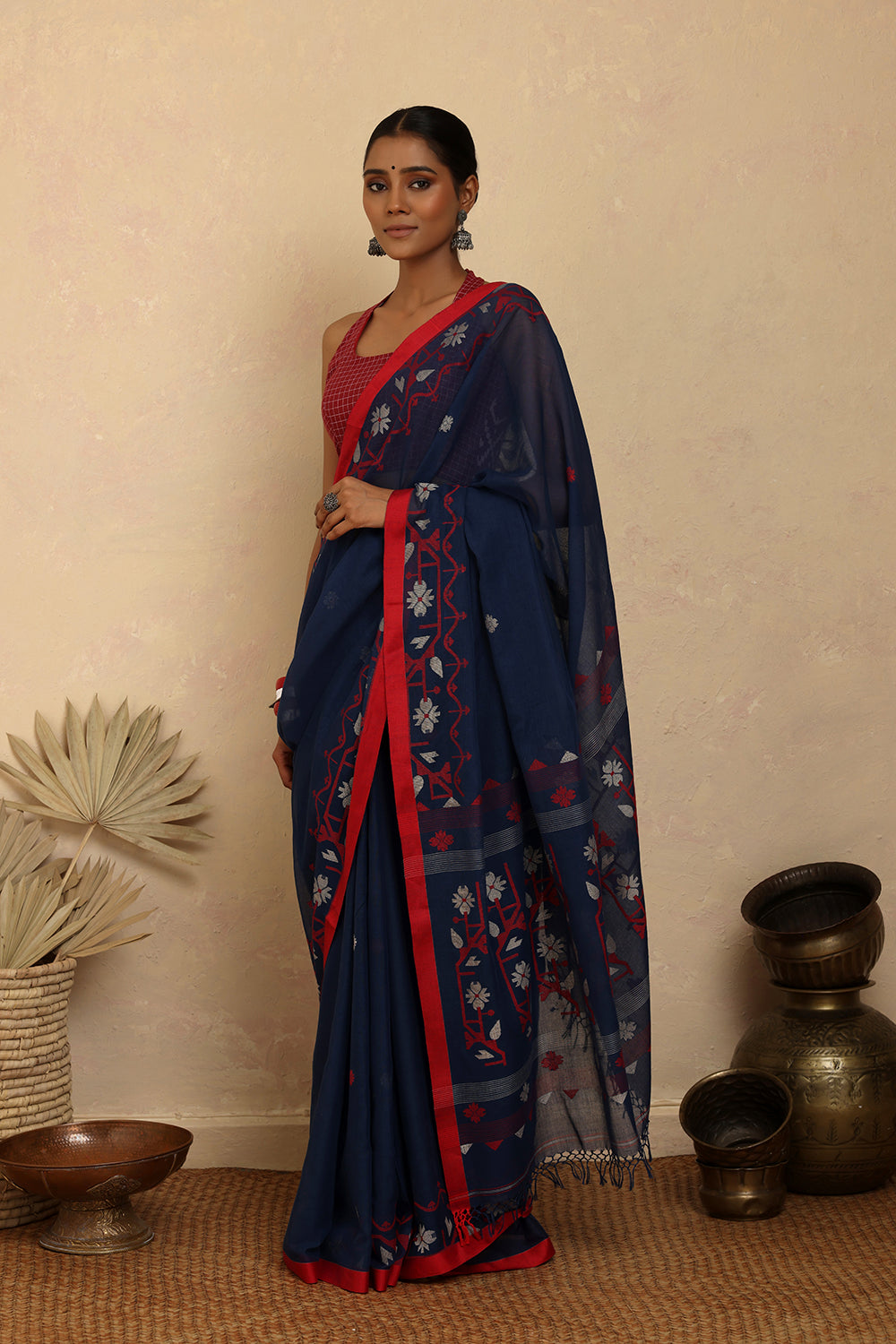 Handloom Navy Blue Pure Cotton Jamdani Saree