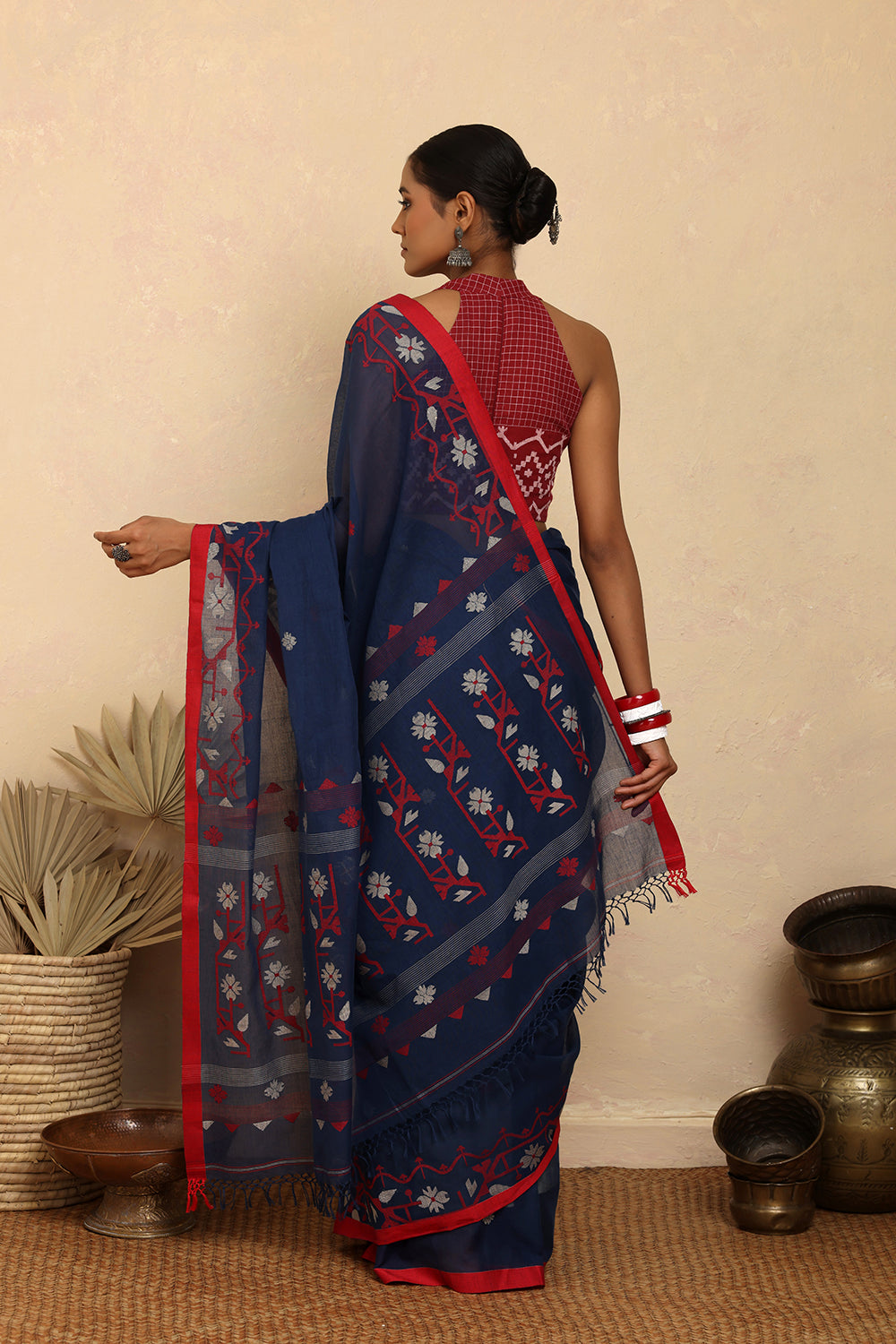Handloom Navy Blue Pure Cotton Jamdani Saree