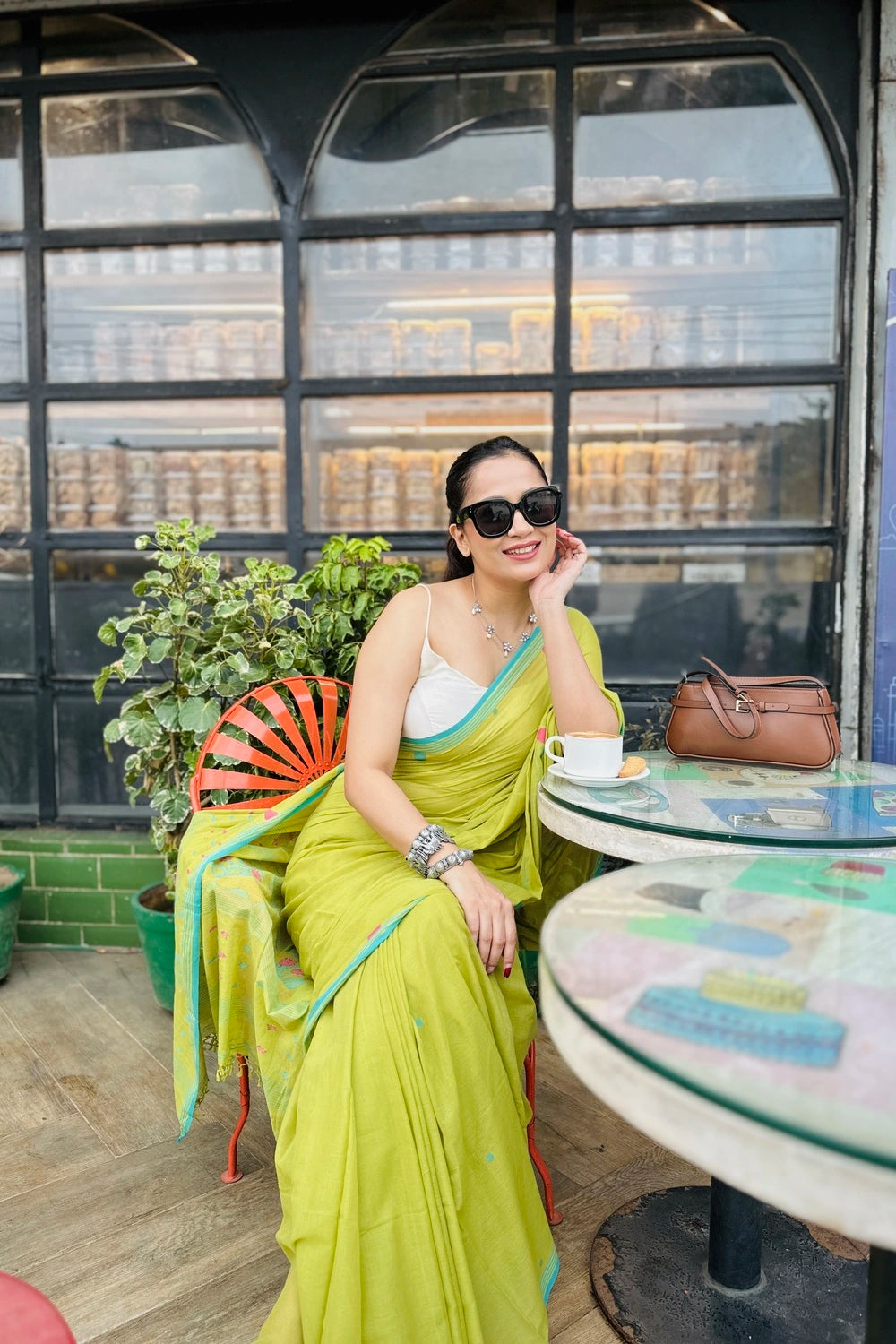 Handloom Yellow Green Soft Cotton Jamdani Saree