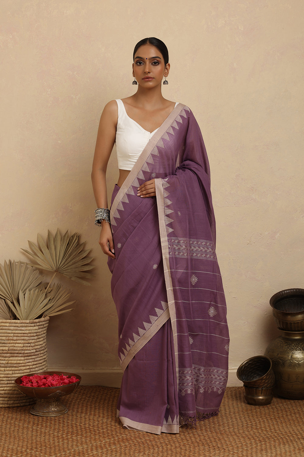 Handloom Lavender Purple Pure Cotton Jamdani Saree