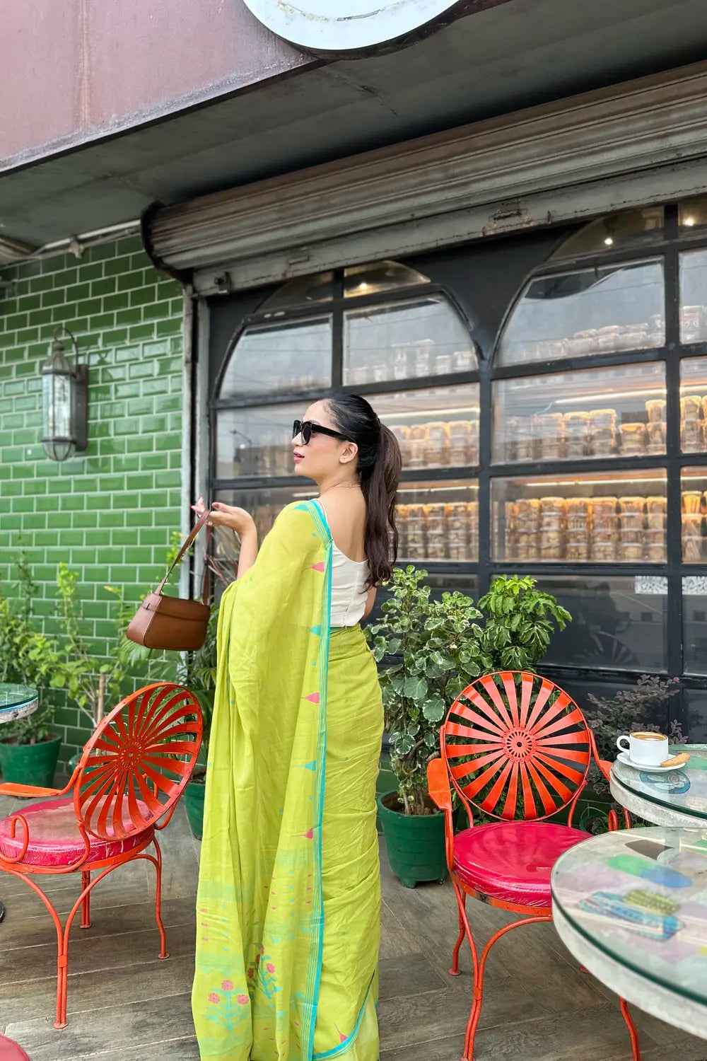 Handloom Yellow Green Soft Cotton Jamdani Saree