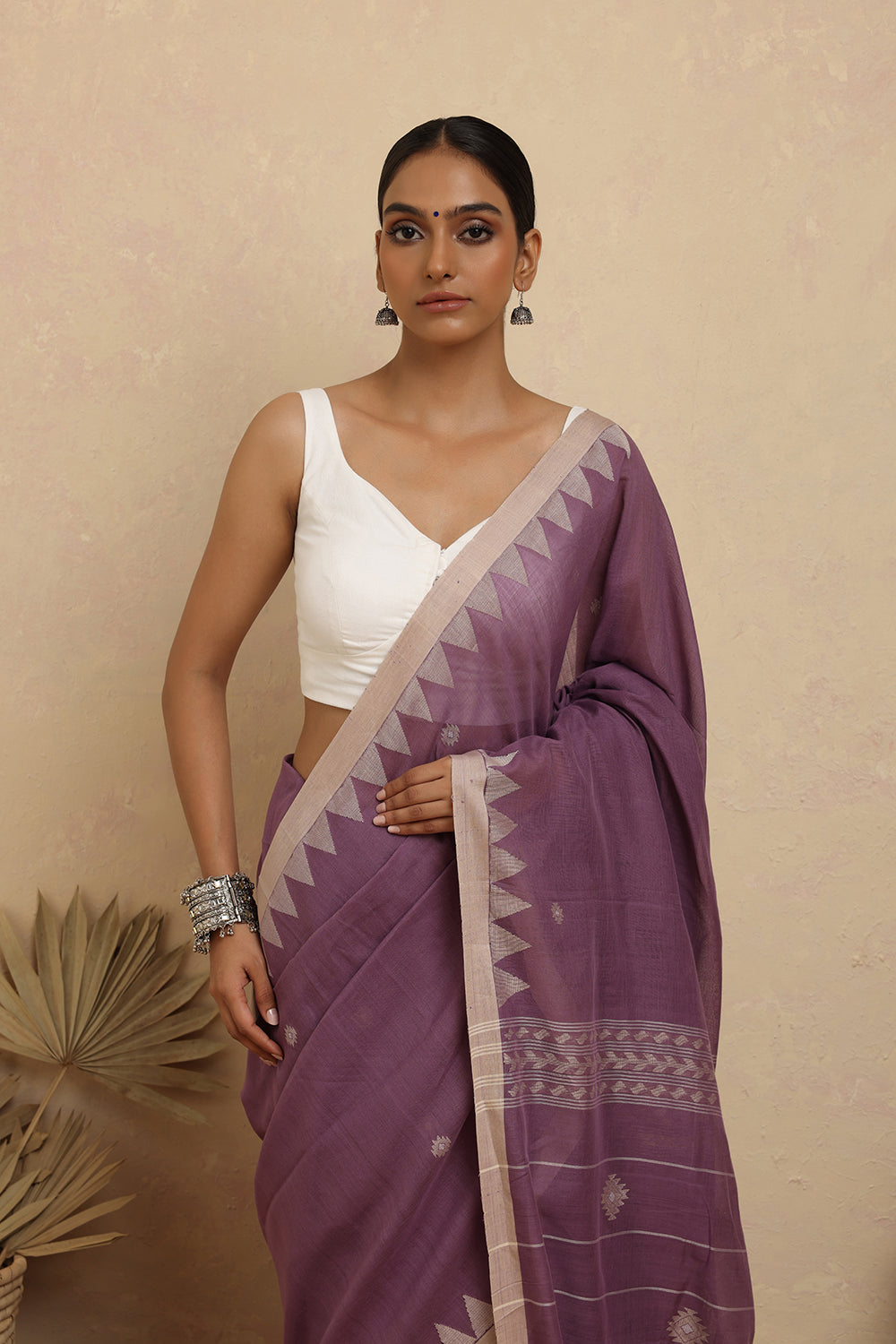 Handloom Lavender Purple Pure Cotton Jamdani Saree