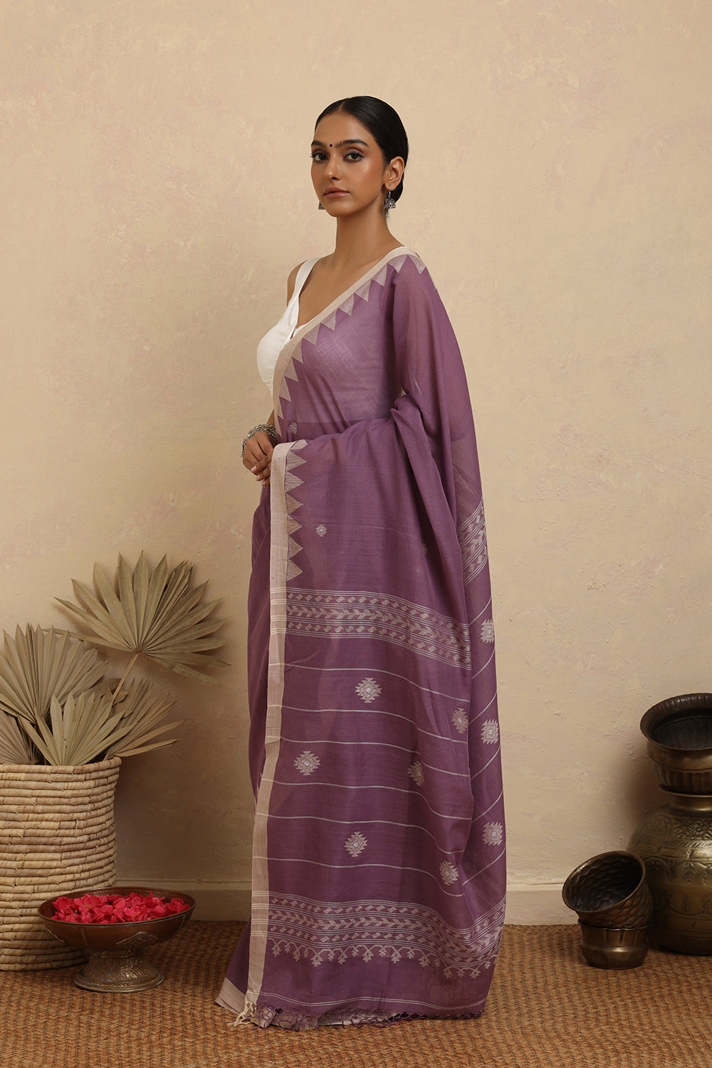 Handloom Lavender Purple Pure Cotton Jamdani Saree