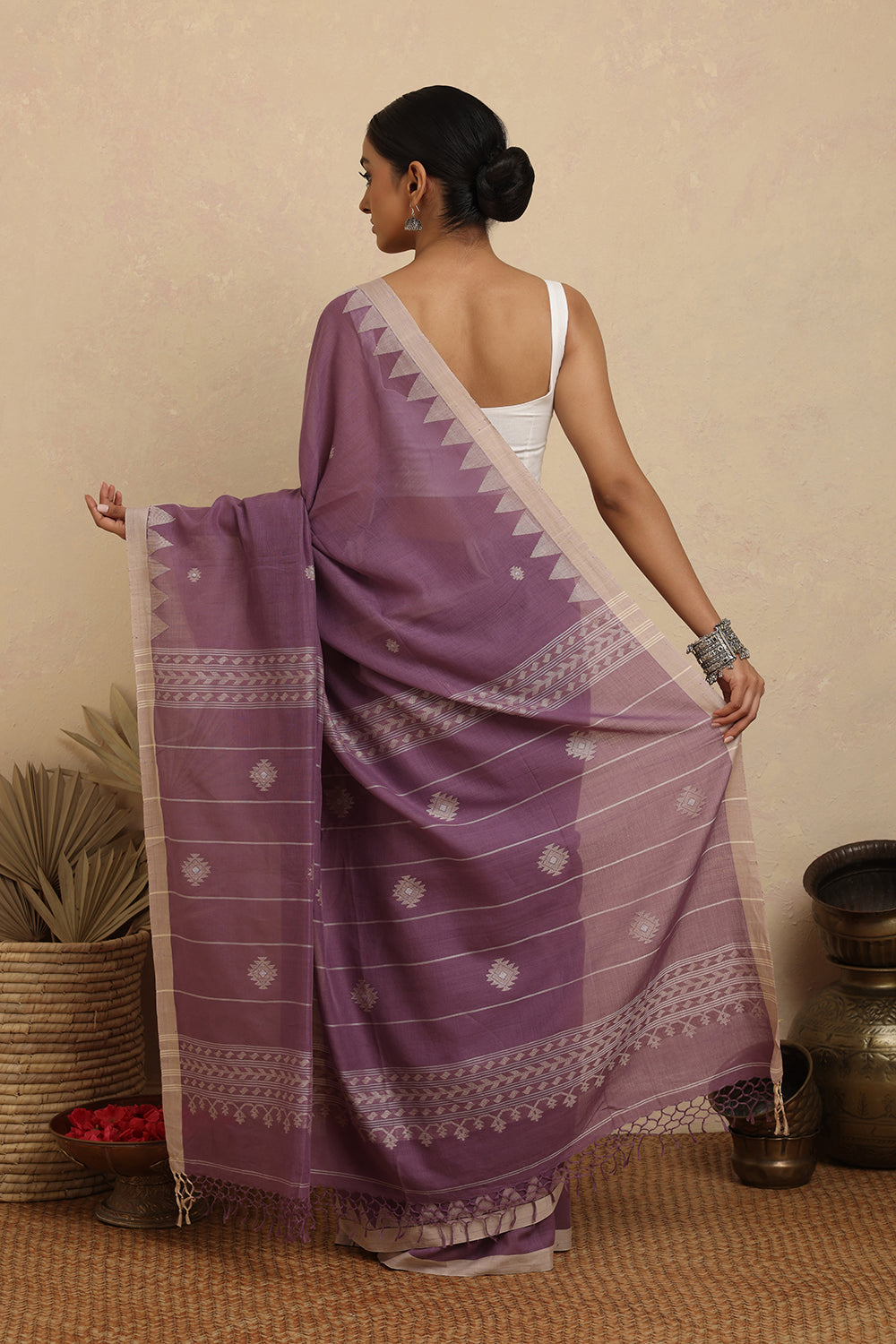 Handloom Lavender Purple Pure Cotton Jamdani Saree