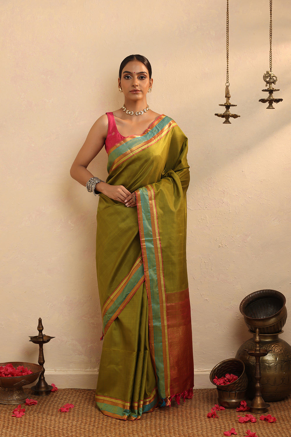 Handloom Green Pure Silk Kanchi Contemporary Saree