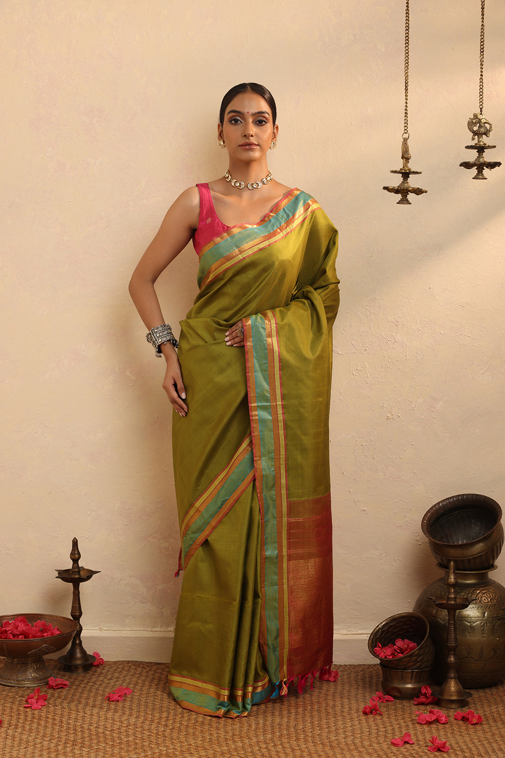Handloom Green Pure Silk Kanchi Contemporary Saree
