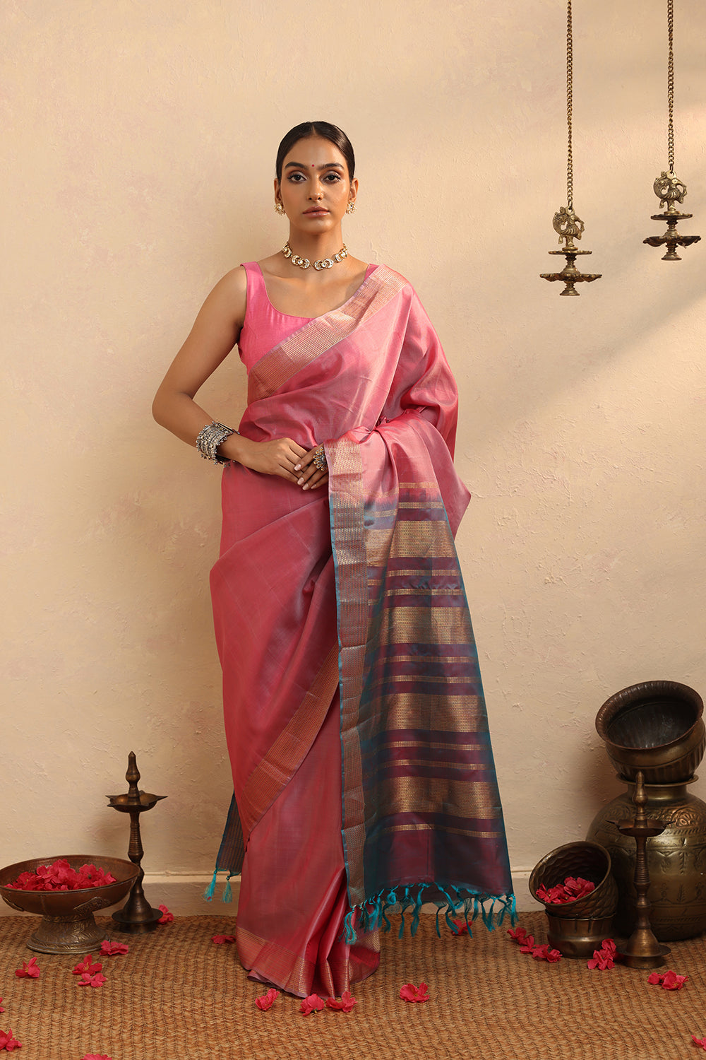 Handloom Pink Pure Silk Kanchi Contemporary Saree