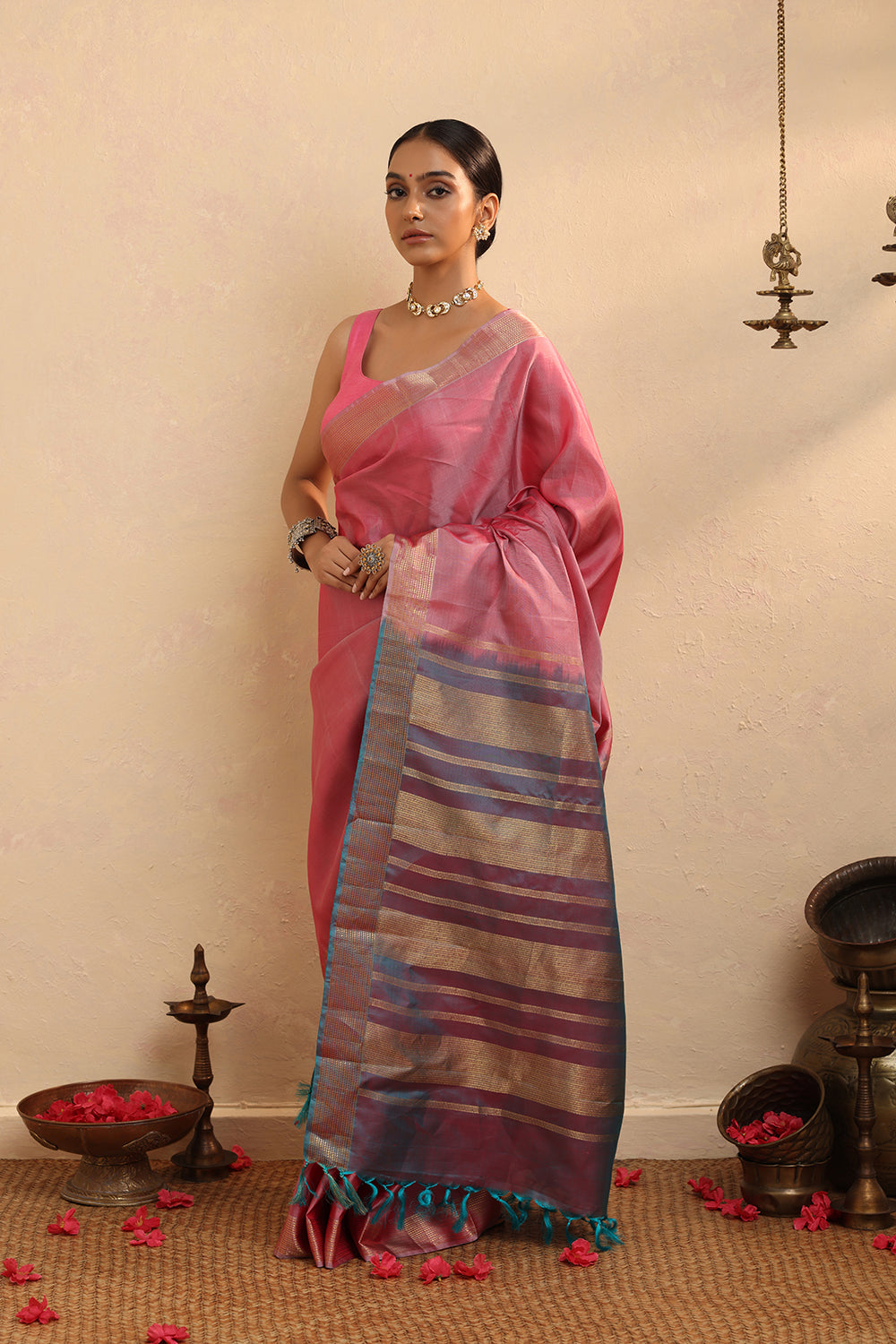 Handloom Pink Pure Silk Kanchi Contemporary Saree