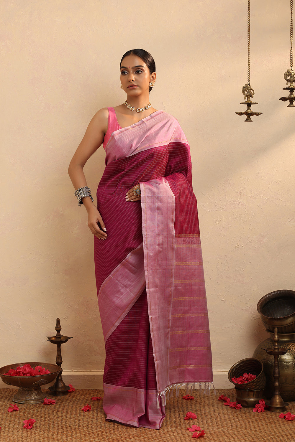 Handloom Pink Pure Silk Stripes Kanchi Contemporary Saree