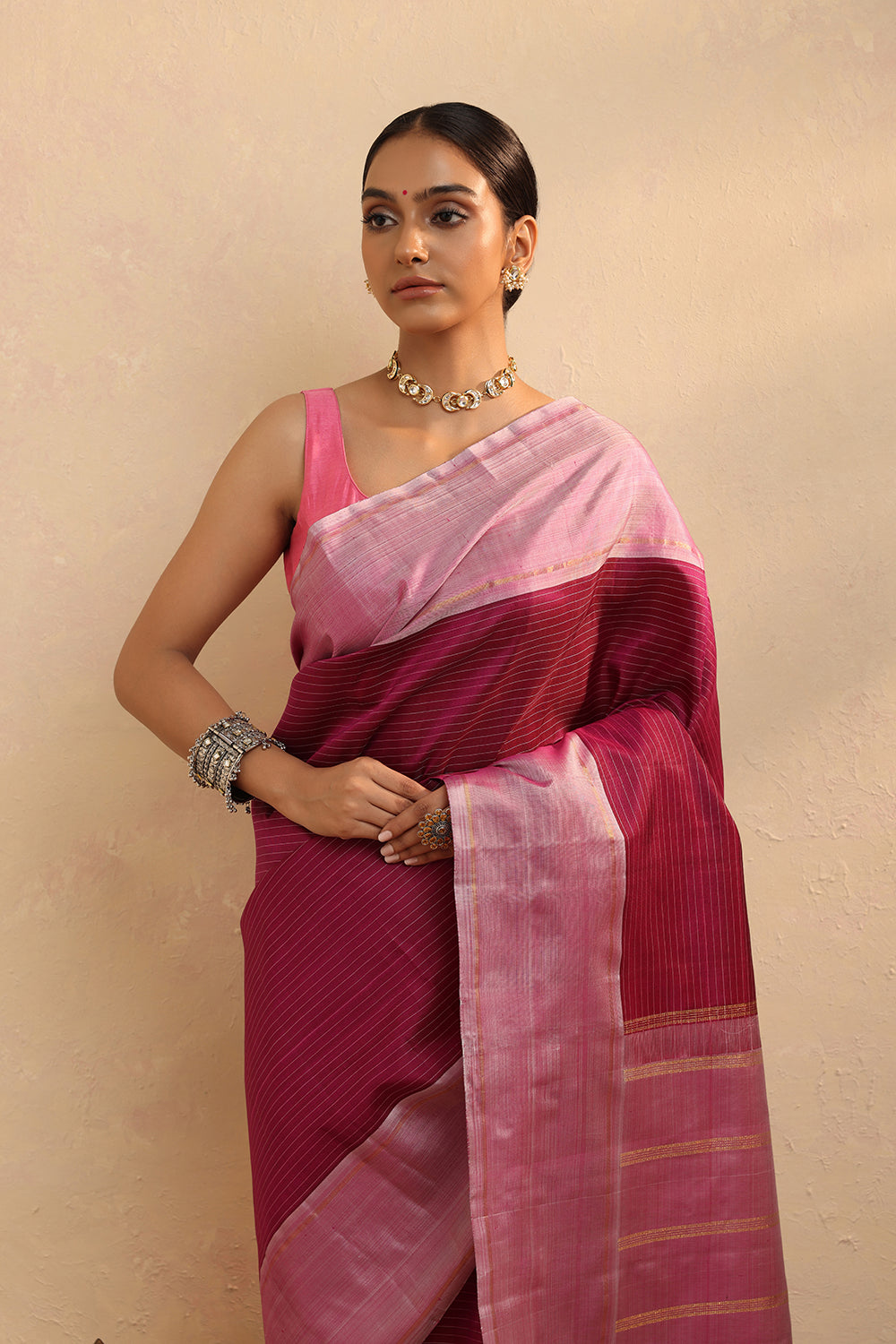 Handloom Pink Pure Silk Stripes Kanchi Contemporary Saree