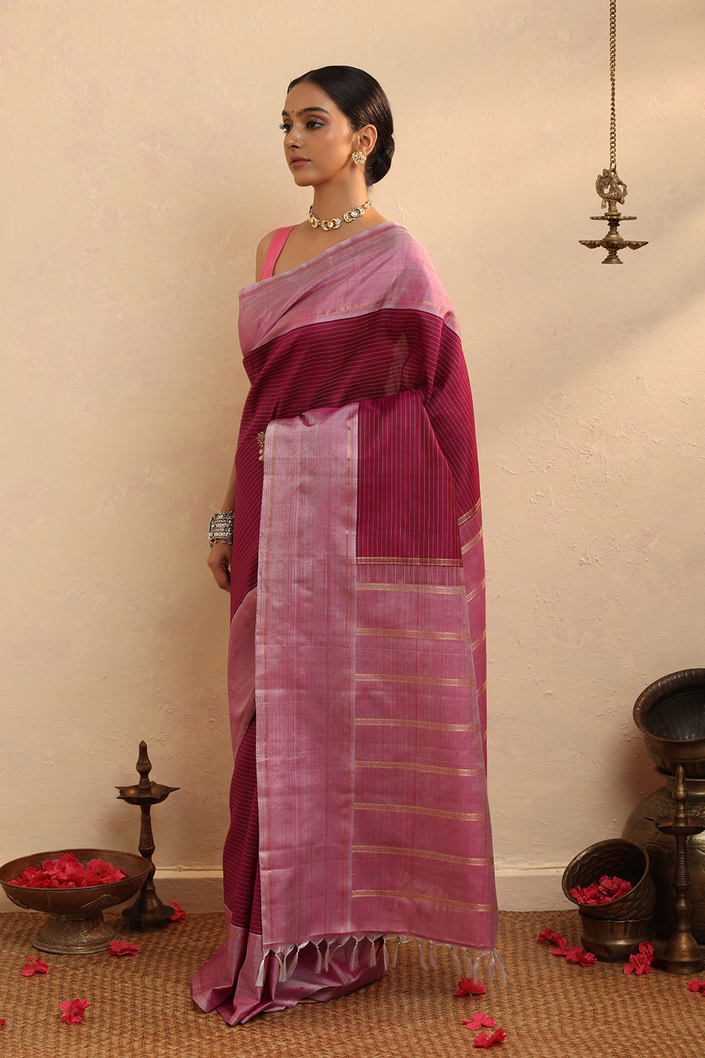 Handloom Pink Pure Silk Stripes Kanchi Contemporary Saree