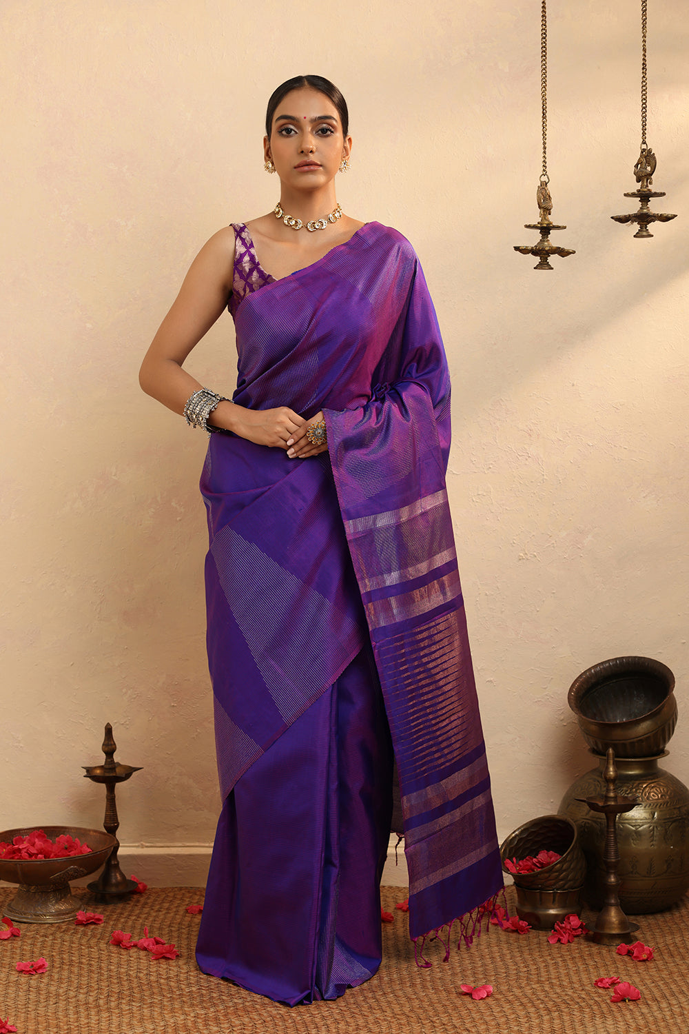 Handloom Purple Zari Stripes Pure Silk  Kanchi Contemporary Saree