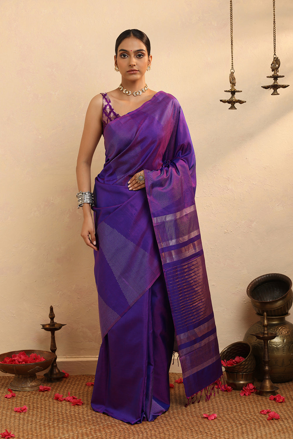 Handloom Purple Zari Stripes Pure Silk  Kanchi Contemporary Saree
