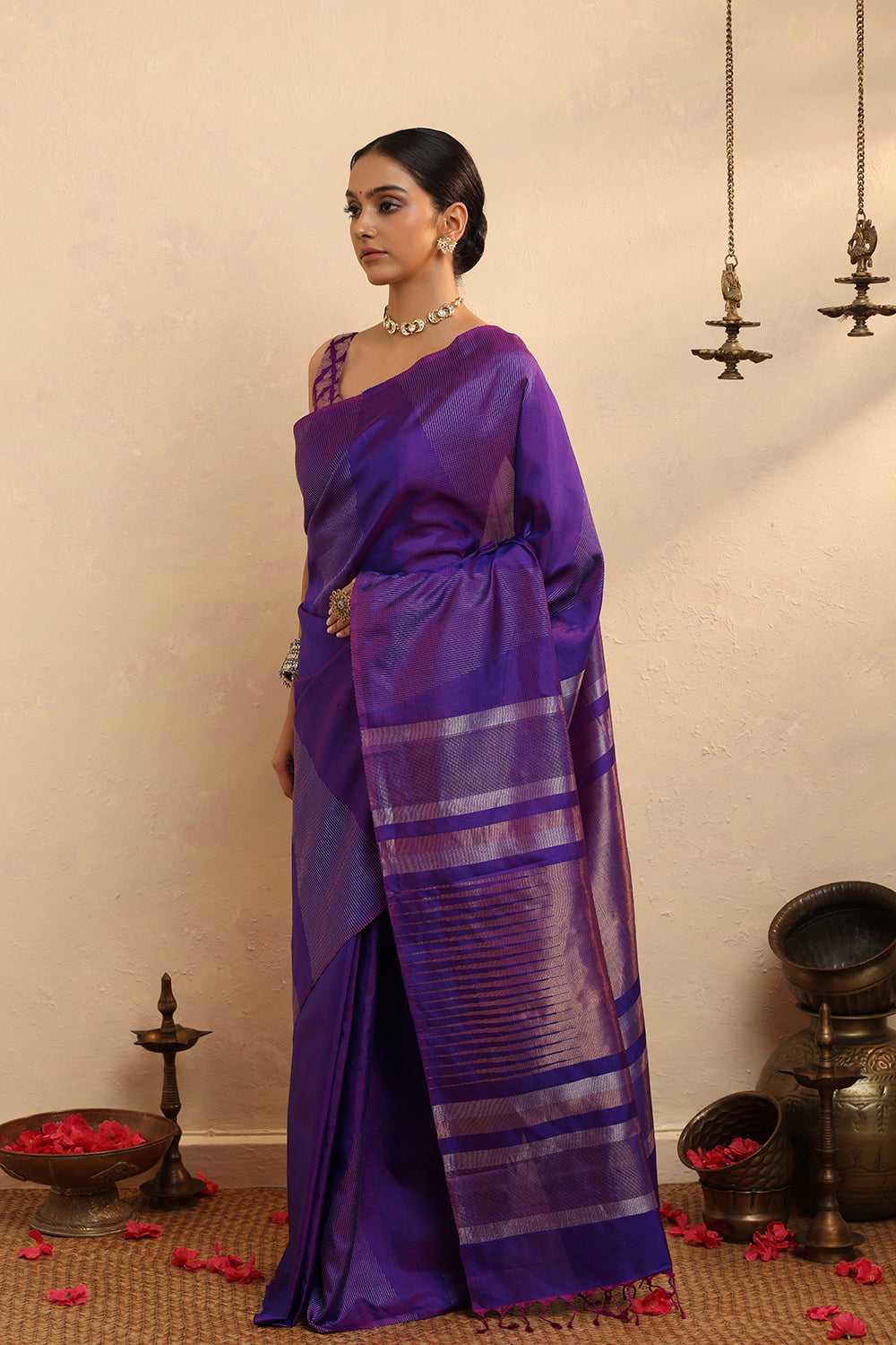 Handloom Purple Zari Stripes Pure Silk  Kanchi Contemporary Saree
