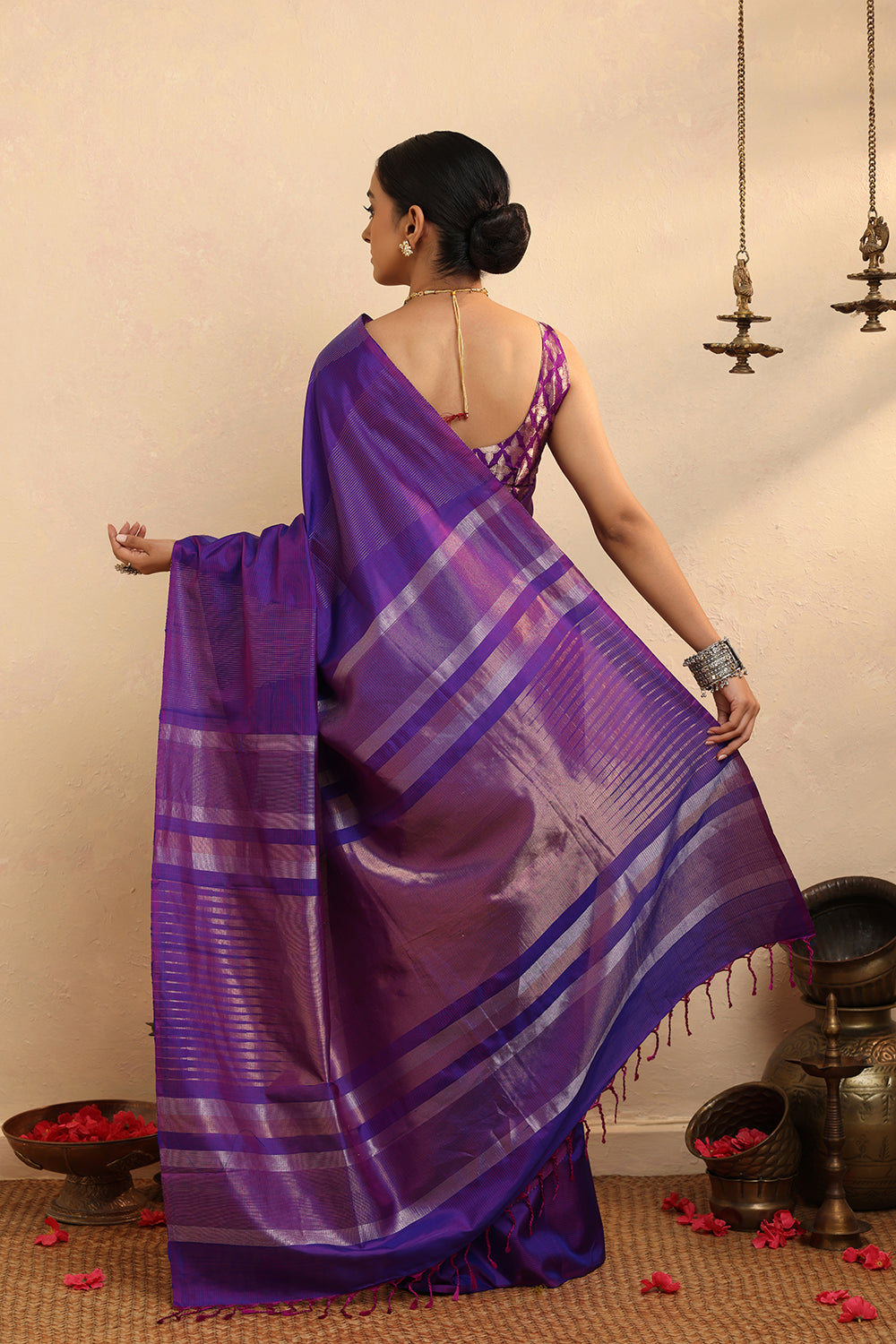 Handloom Purple Zari Stripes Pure Silk  Kanchi Contemporary Saree